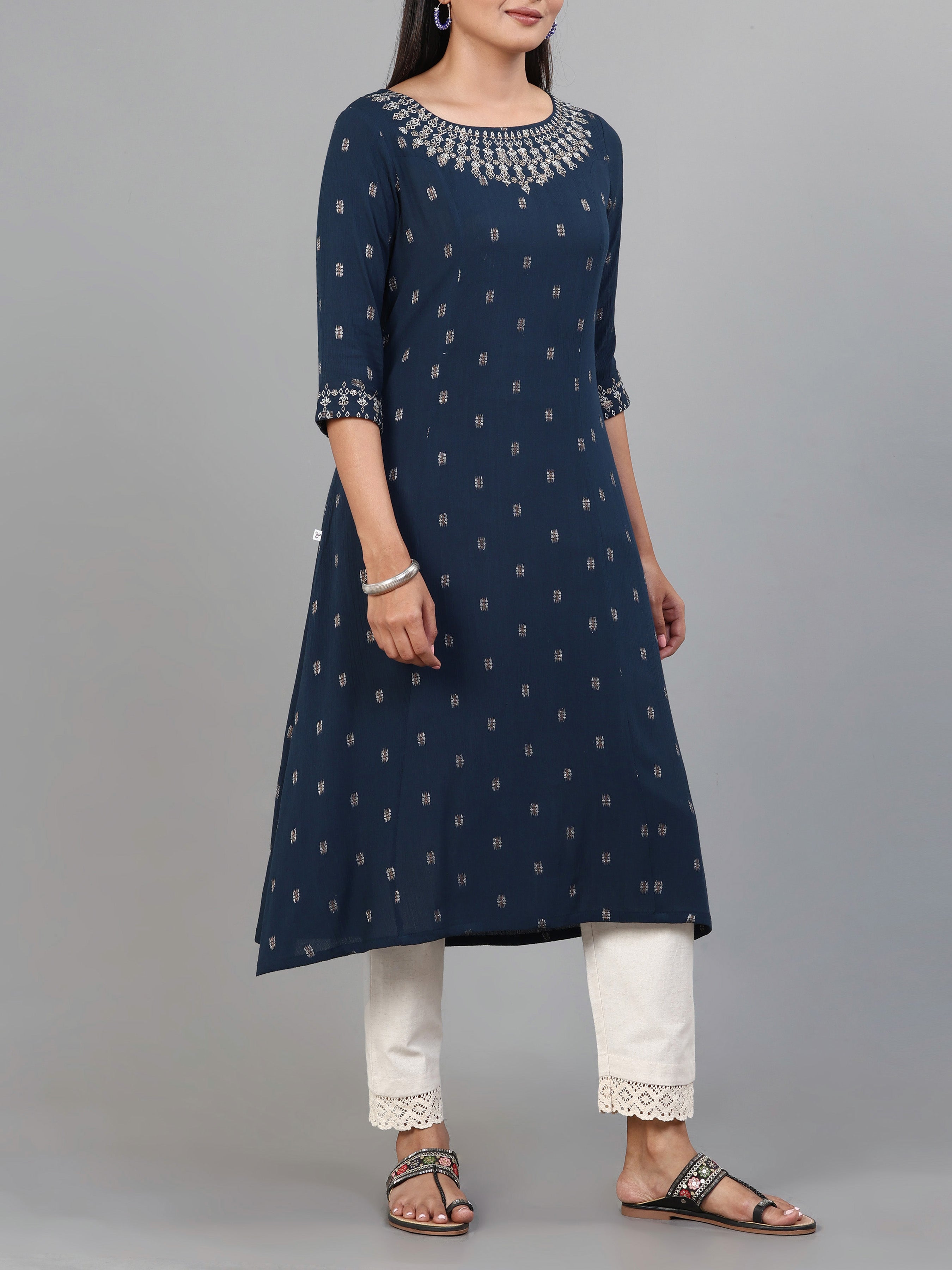 Navy Blue Wrinkle Viscose Kurti With Embroidery