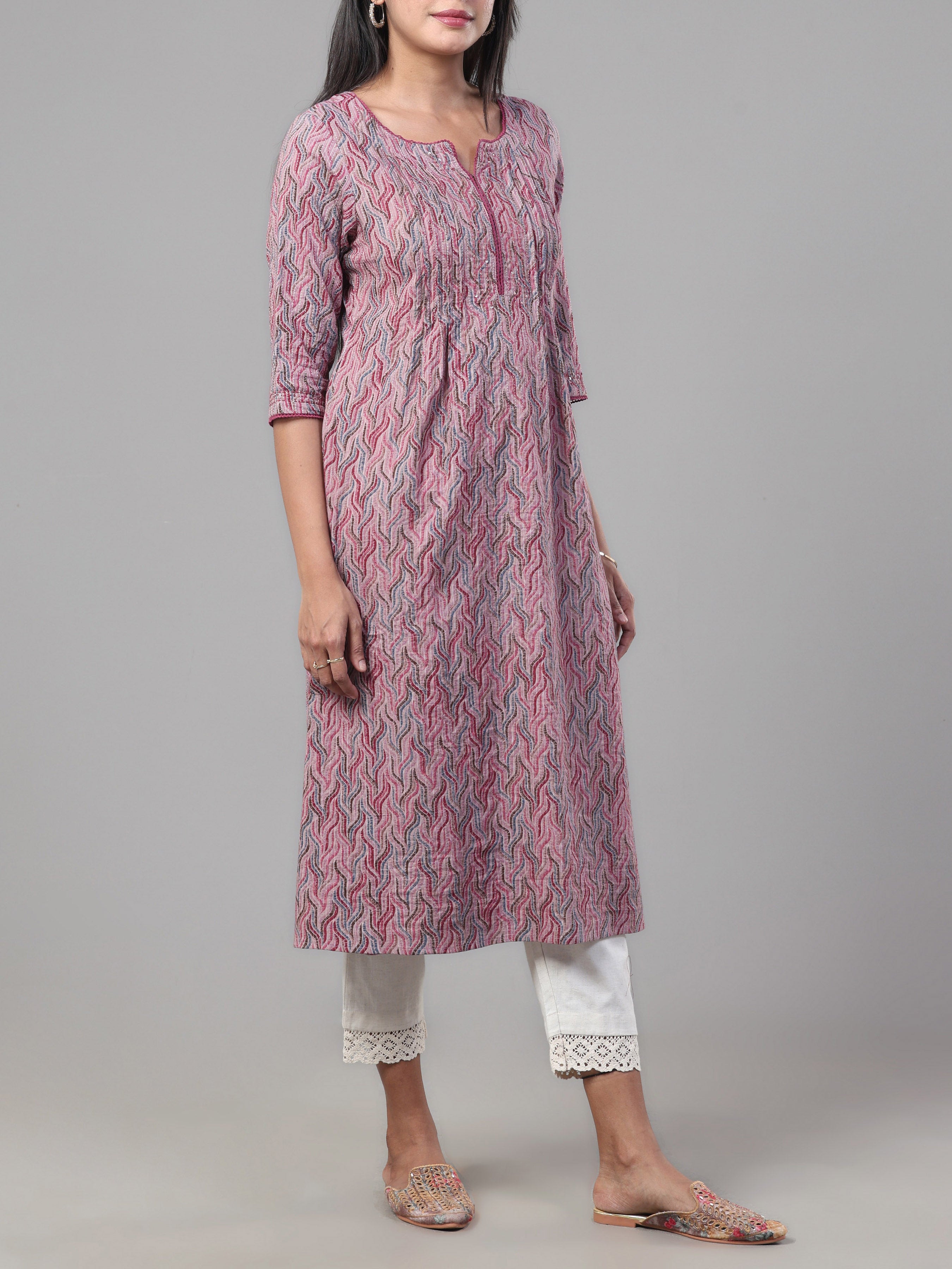 Multi Colour Pure Cotton Katha Printed Kurti