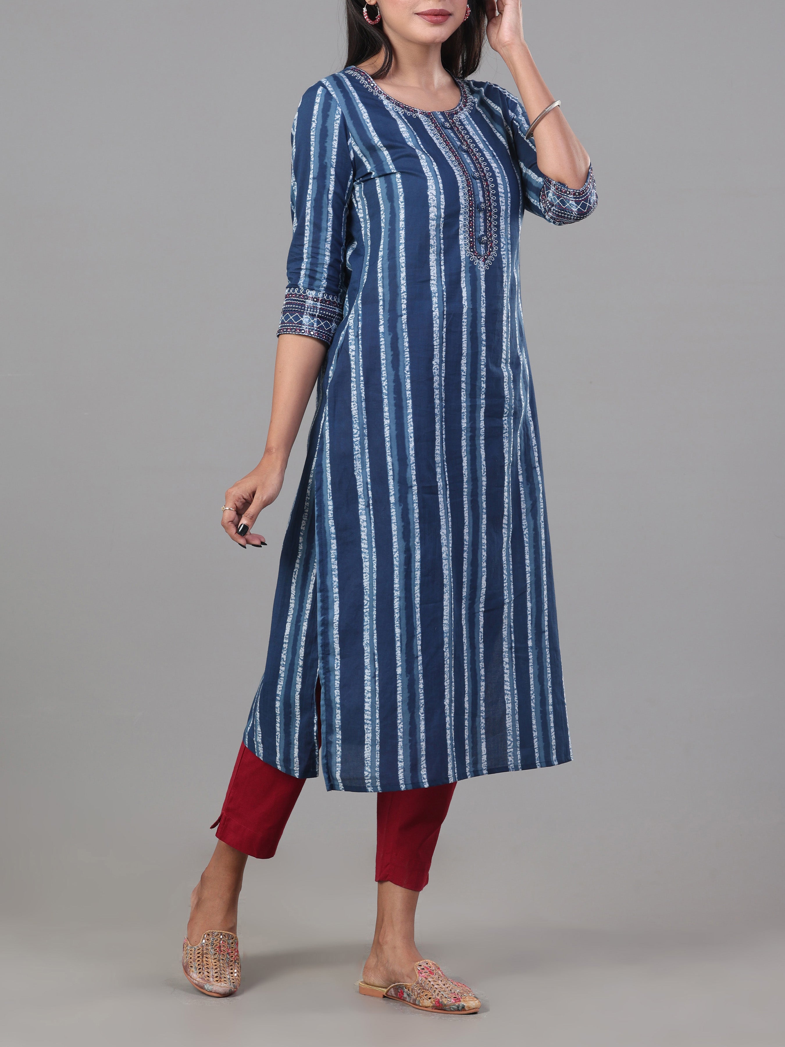 Denim Blue Pure Cotton Printed Kurti With Embroidery