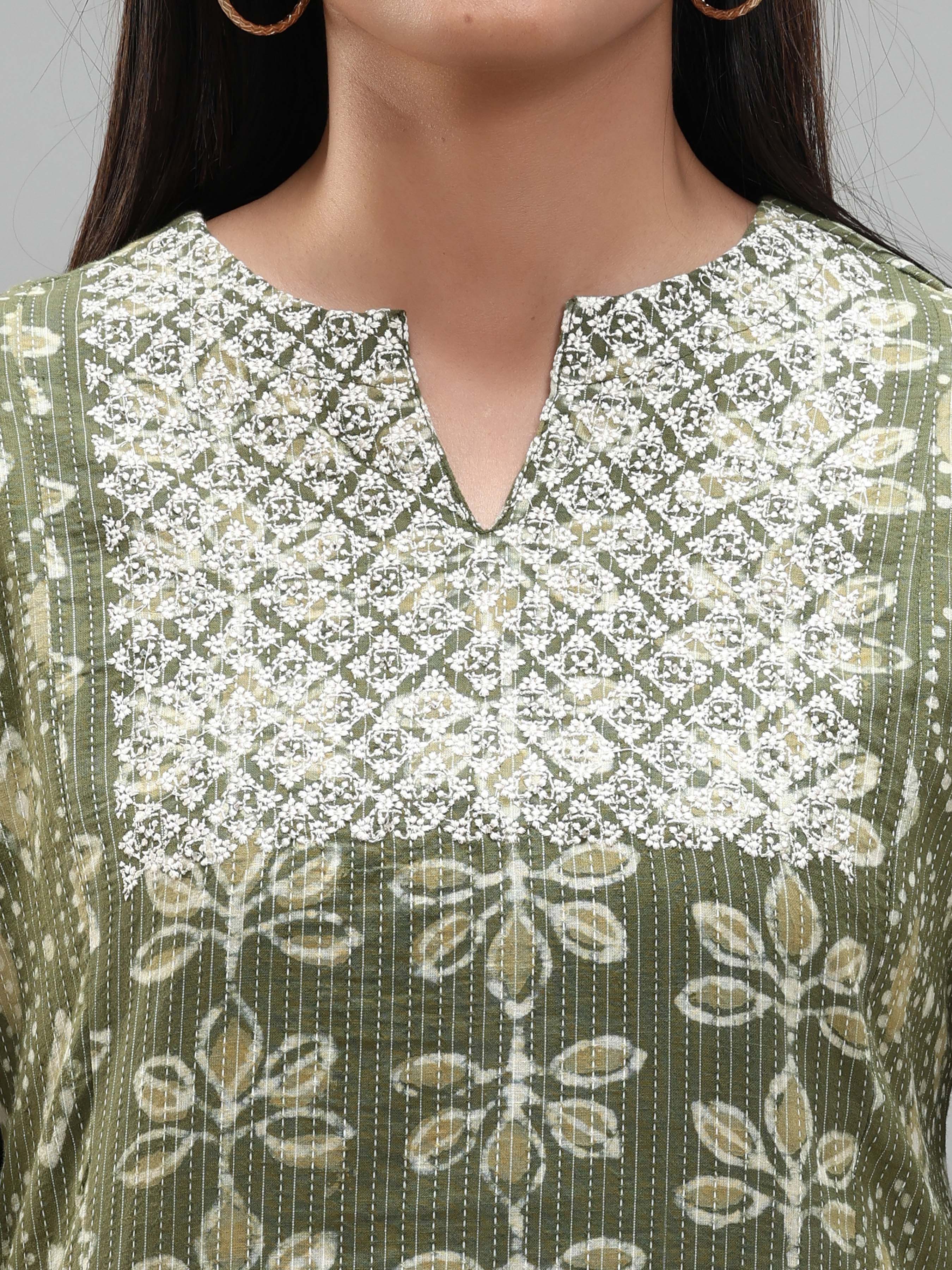 Olive Green Pure Cotton Printed Kurti With Embroidery And Matching Bottom