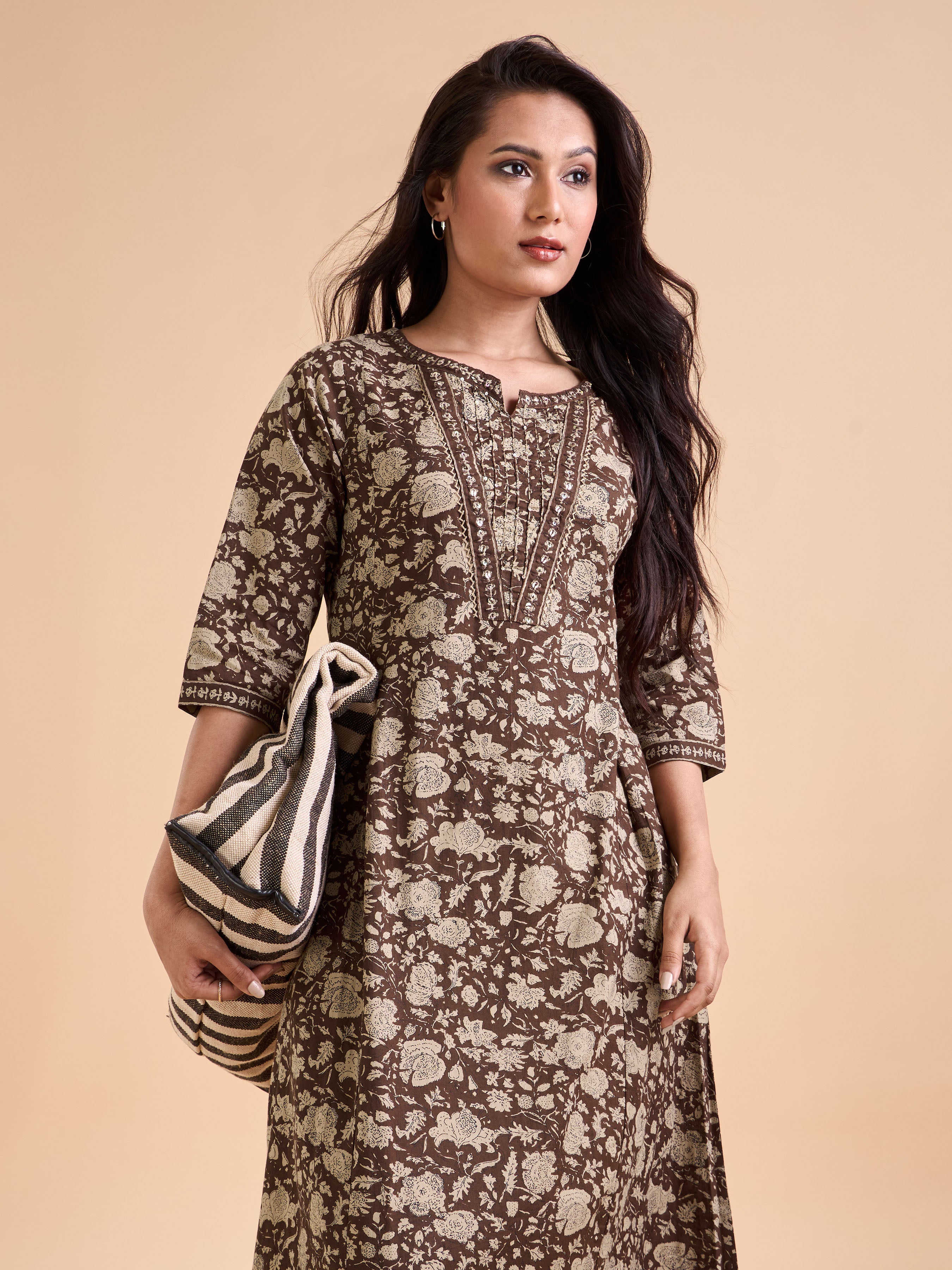 Coffee Brown And Ivory Pure Cotton Printed Kurti With Embroidery
