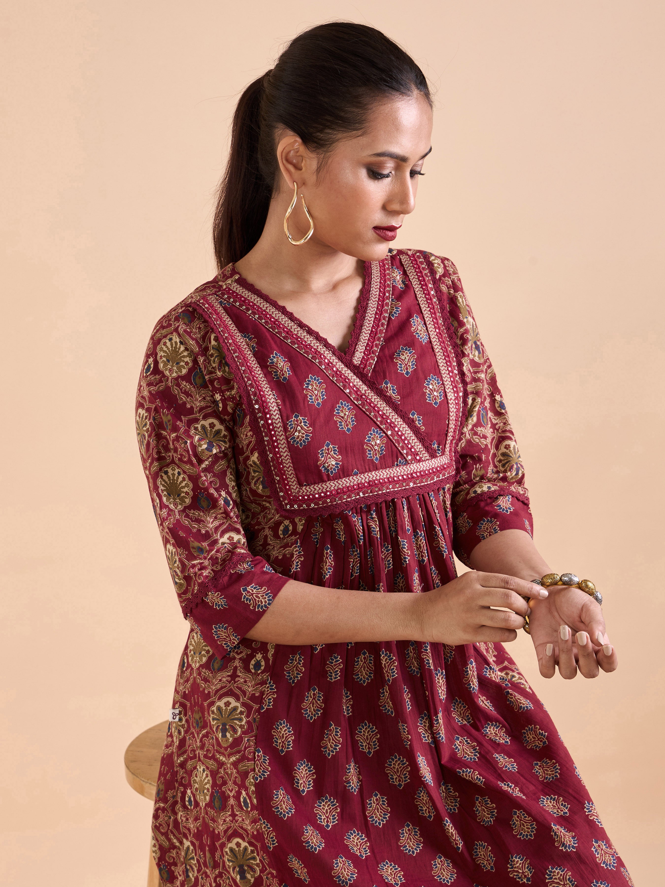 Red Pure Cotton Printed Kurti With Mirror Work