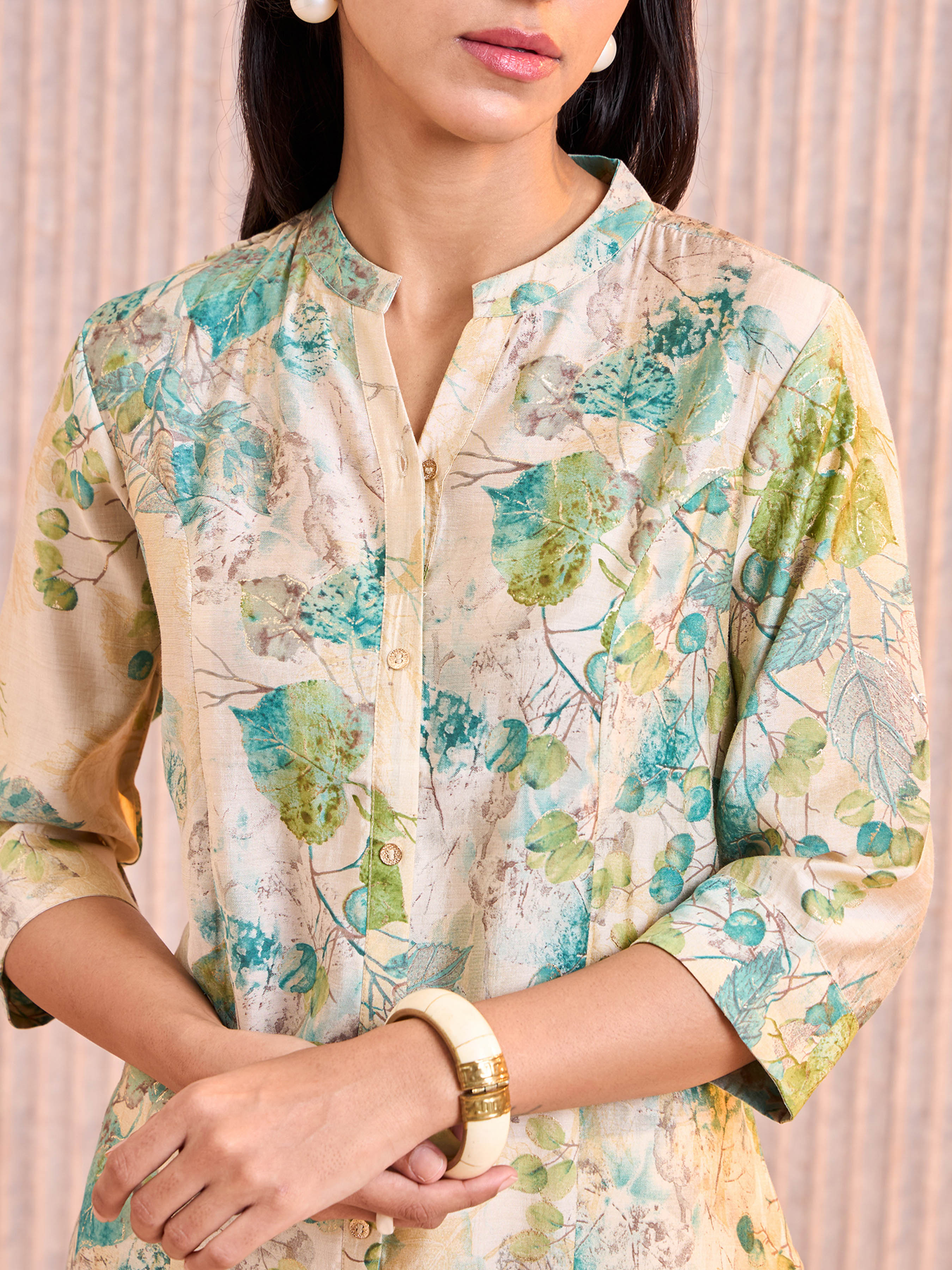 Aqua Green Modal Chanderi Foil Printed Kurti With Princess Cut