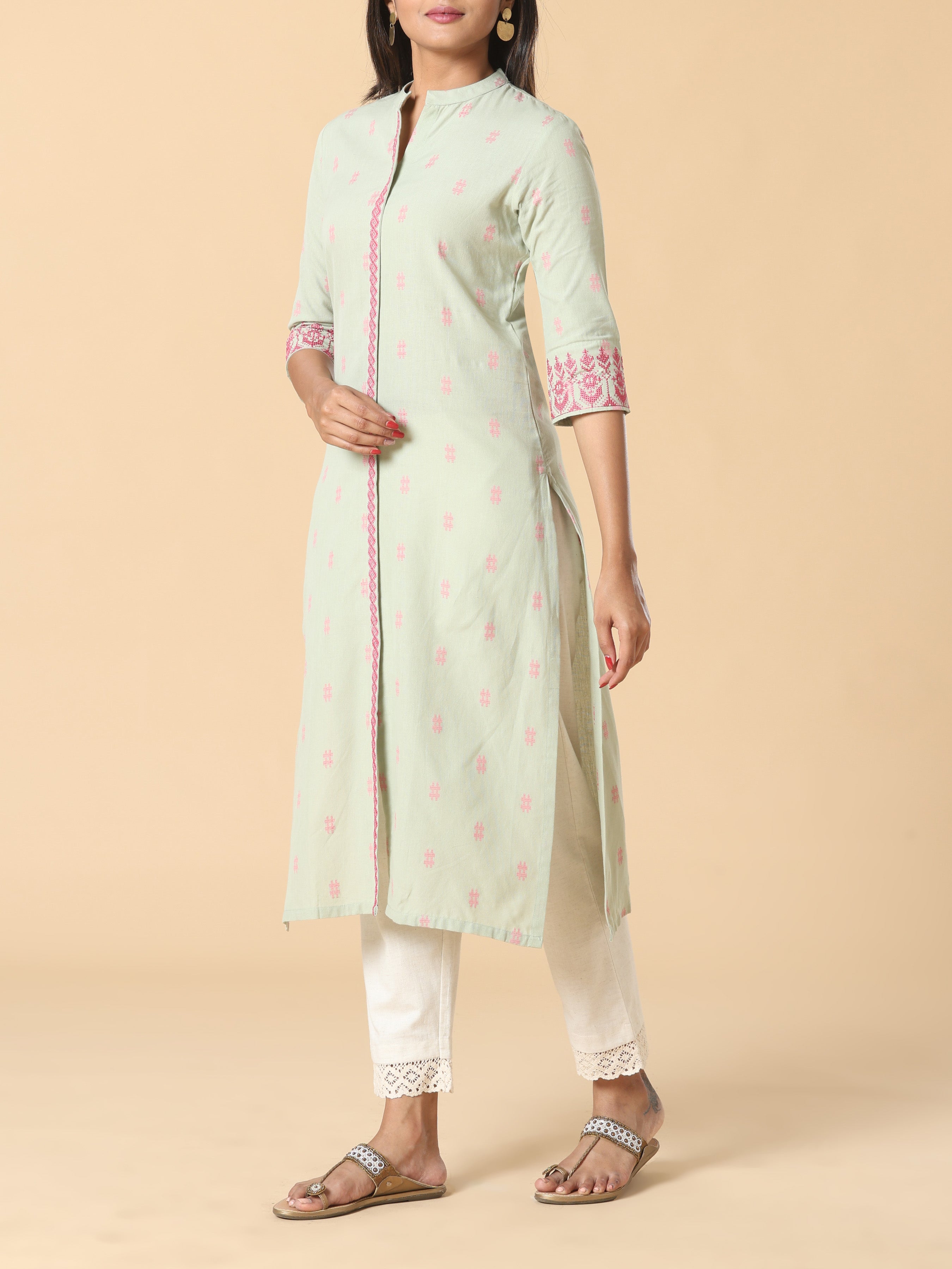 Pista Green Cotton Dobby Kurti With Embroidery