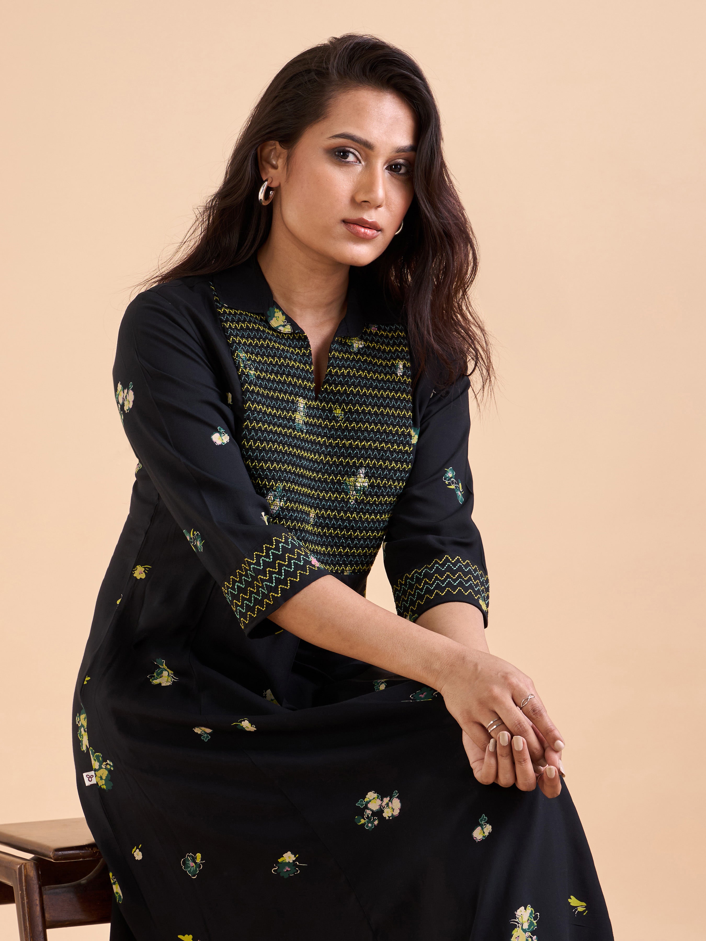 Black Viscose Printed Kurti With Smocking