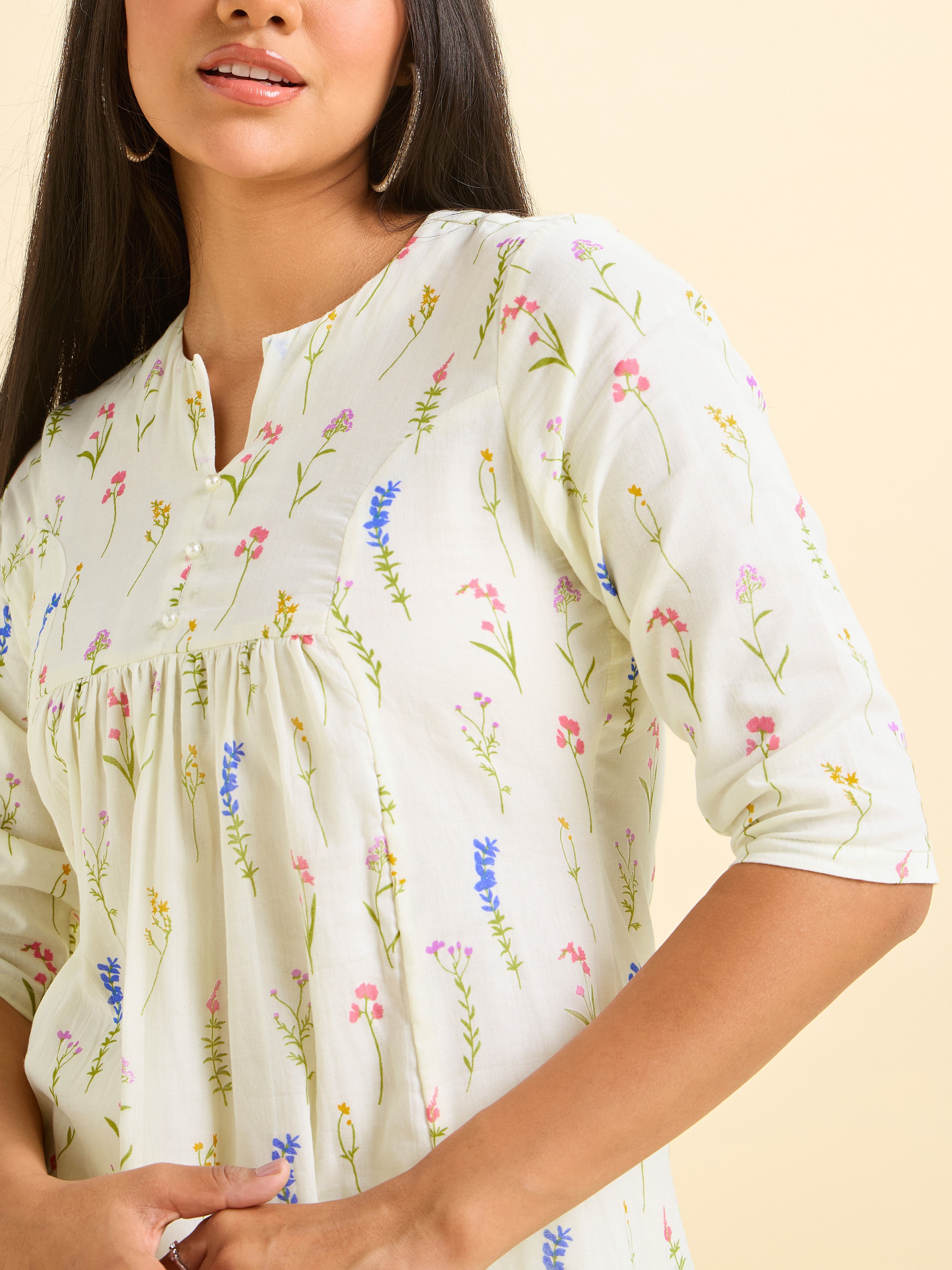 Ivory Pure Cotton Printed Flared Kurti.