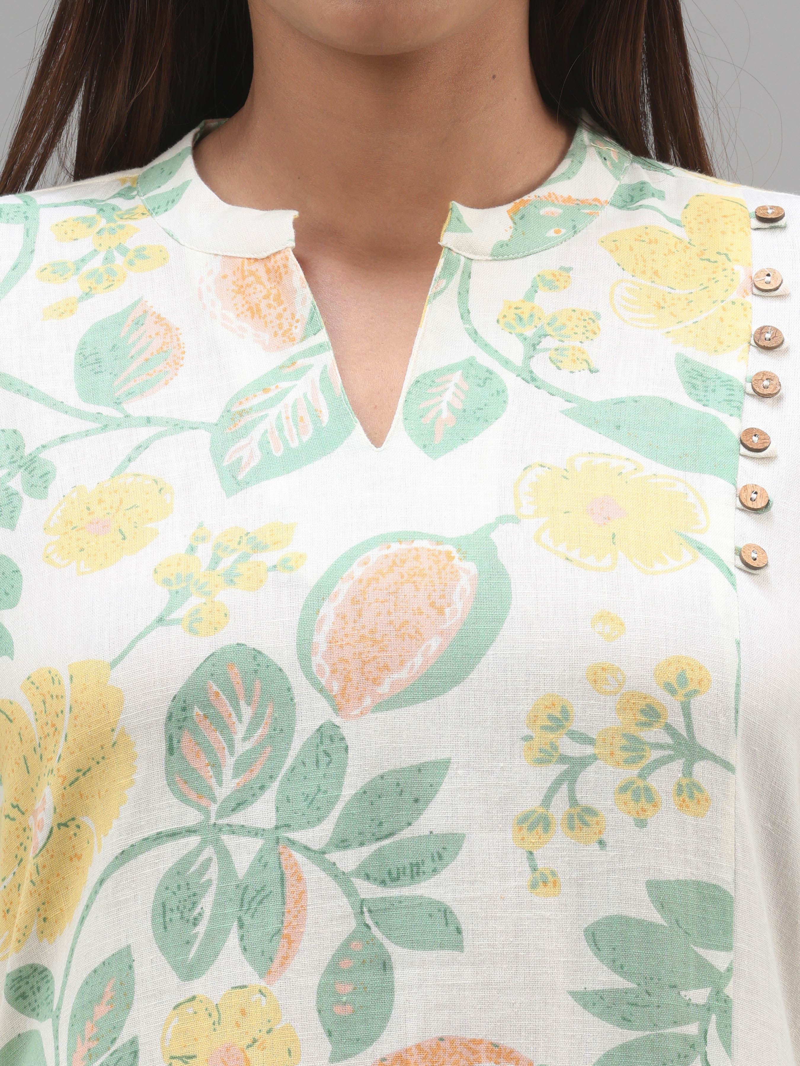 Multi Colour Cotton Flax Kurti With Print