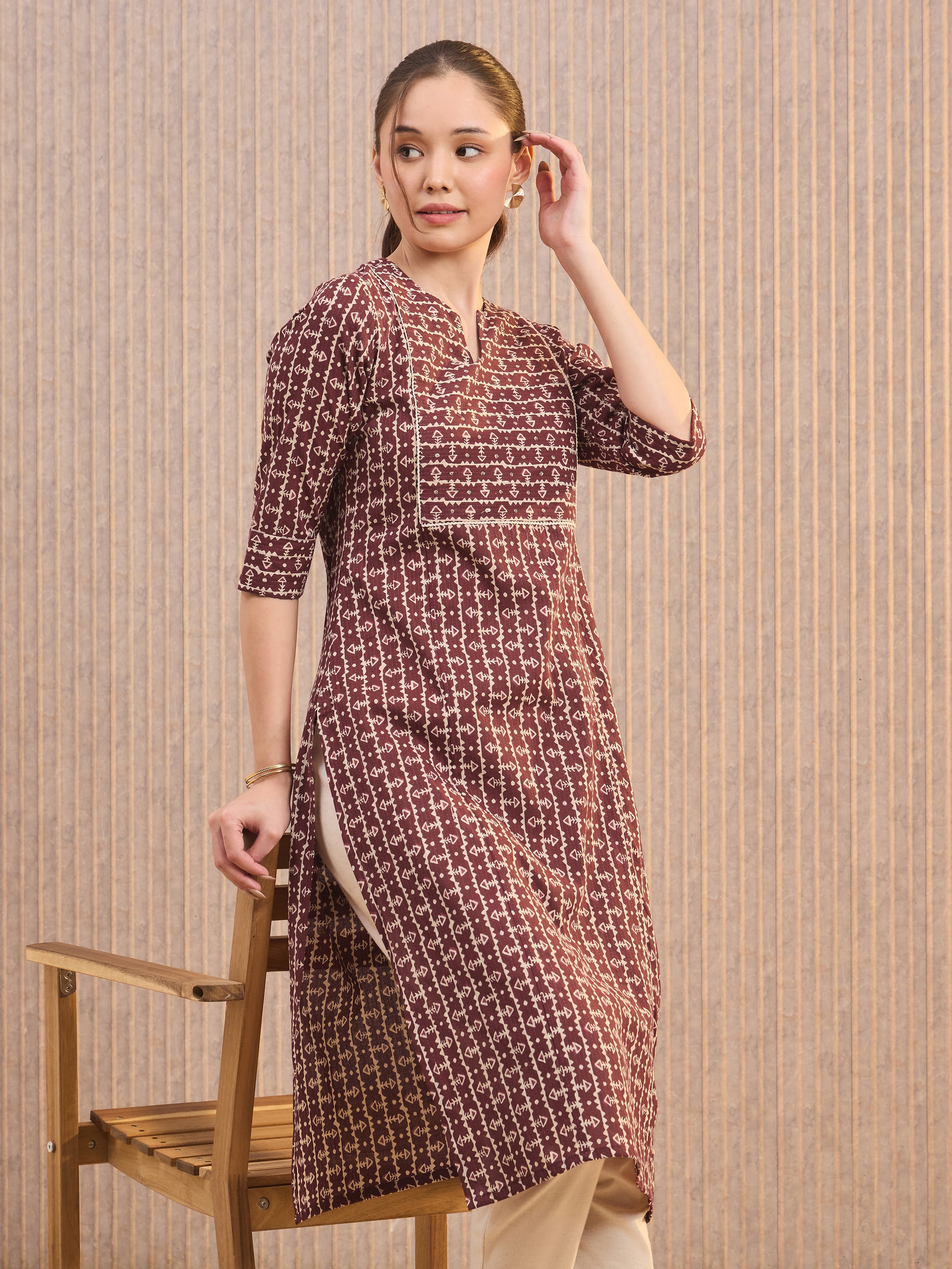 Maroon Pure Cotton Printed Kurti With Lace&Sequins Work