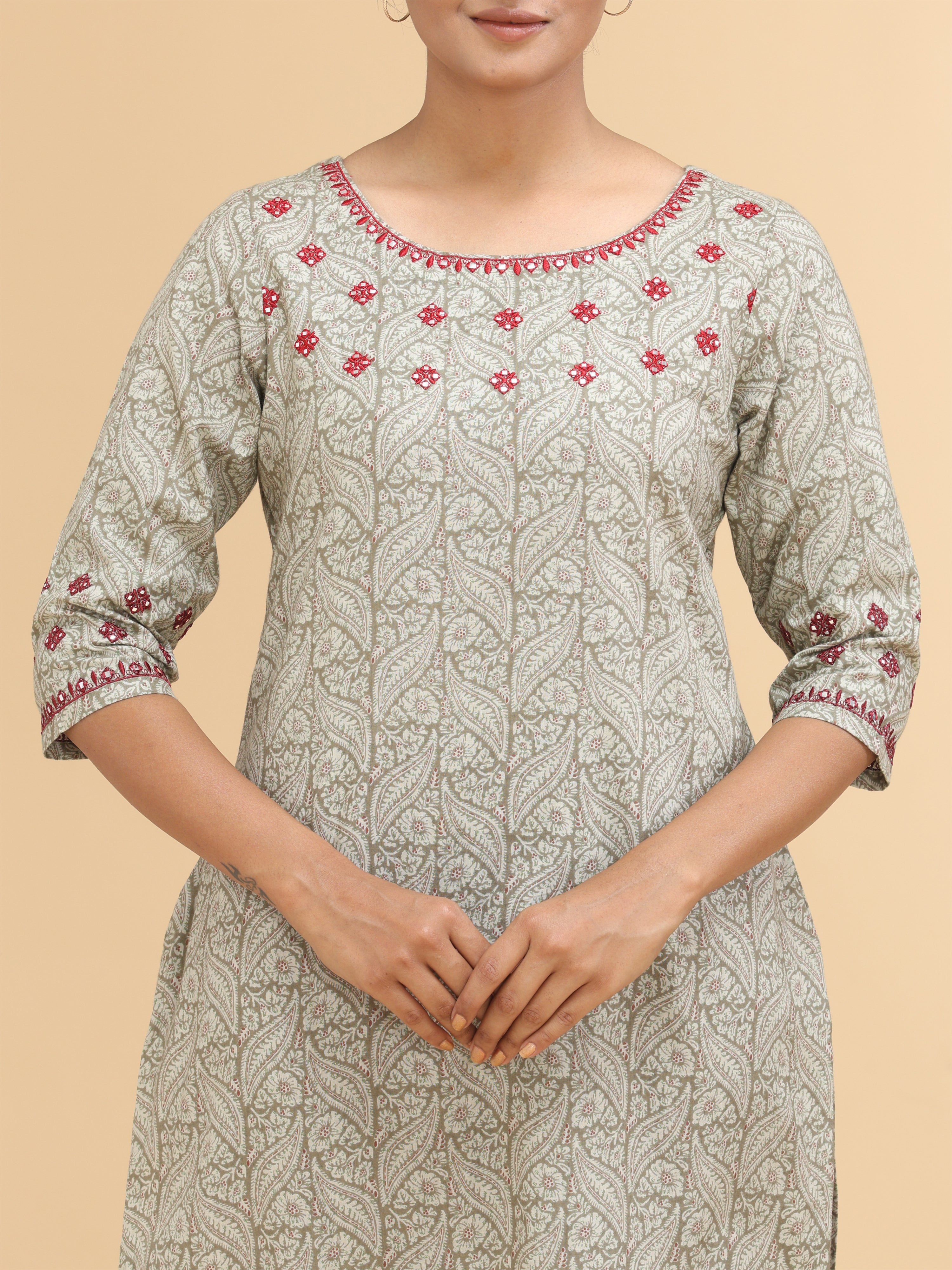 Beige Pure Cotton Printed Kurti With Embroidery
