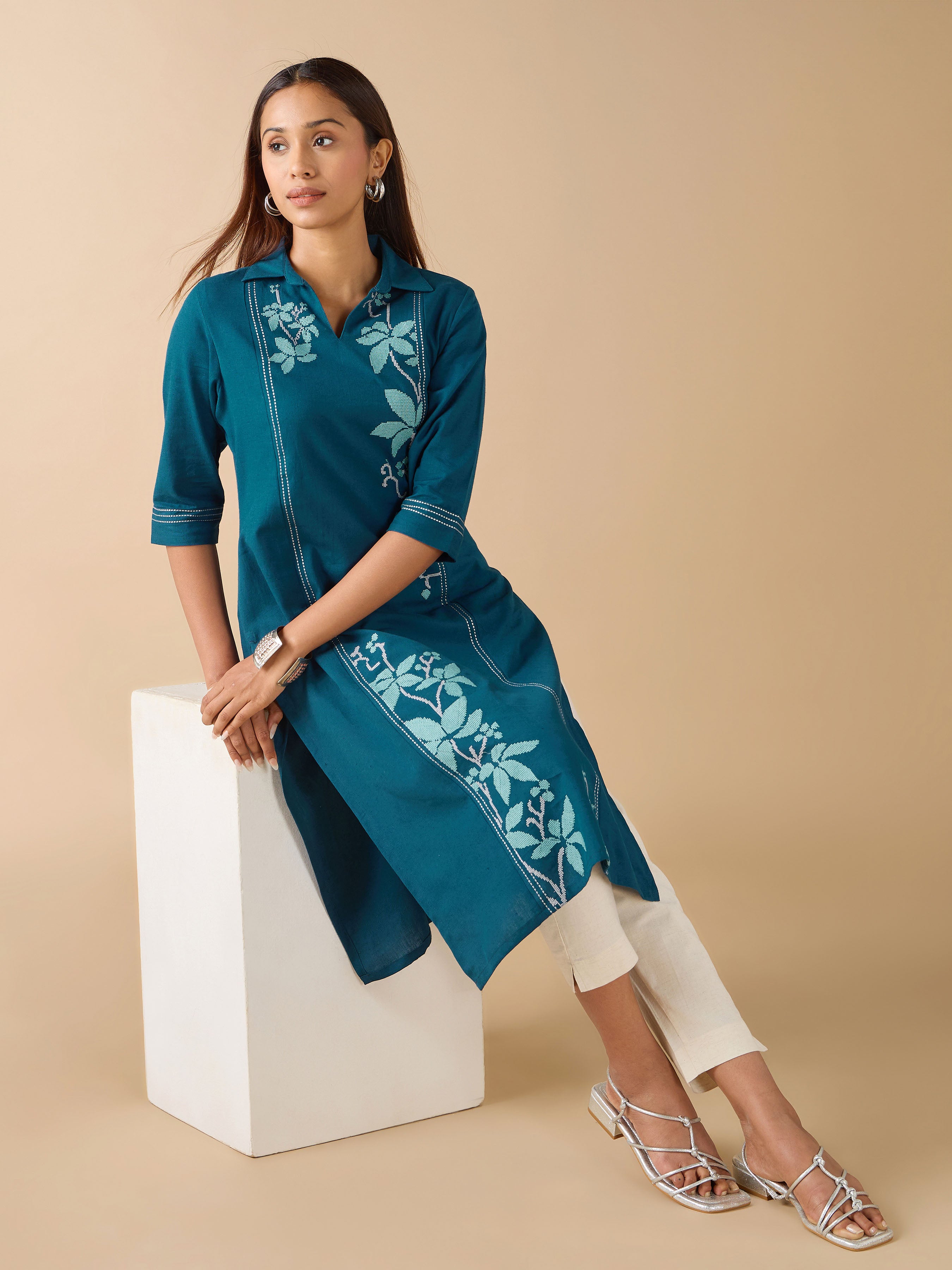 Denim Blue Cotton Flax Kurti With Cross Stitch Embroidery