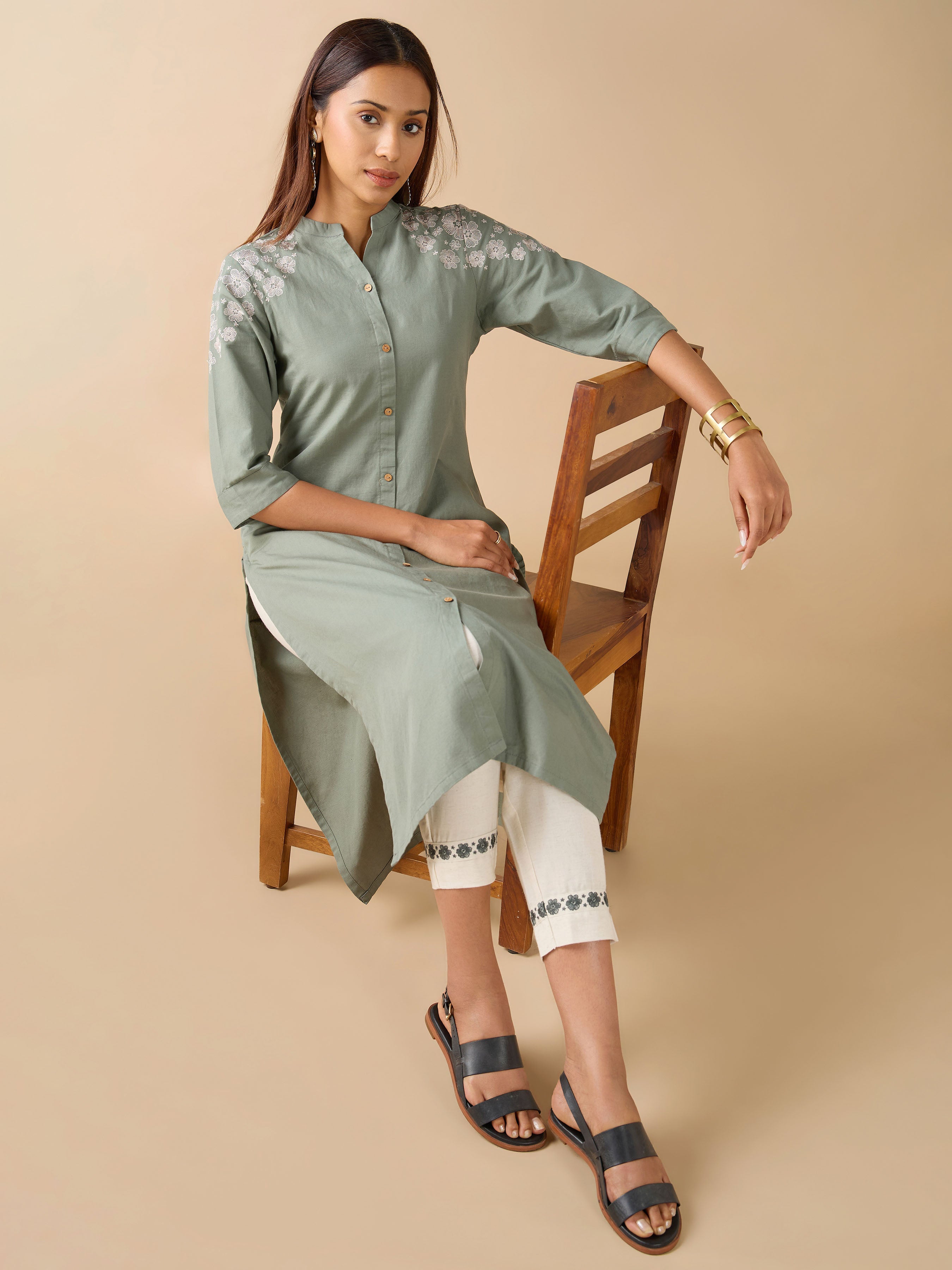 Sage Green Cotton Linen Plain Kurti With Embroidery And Matching Bottom