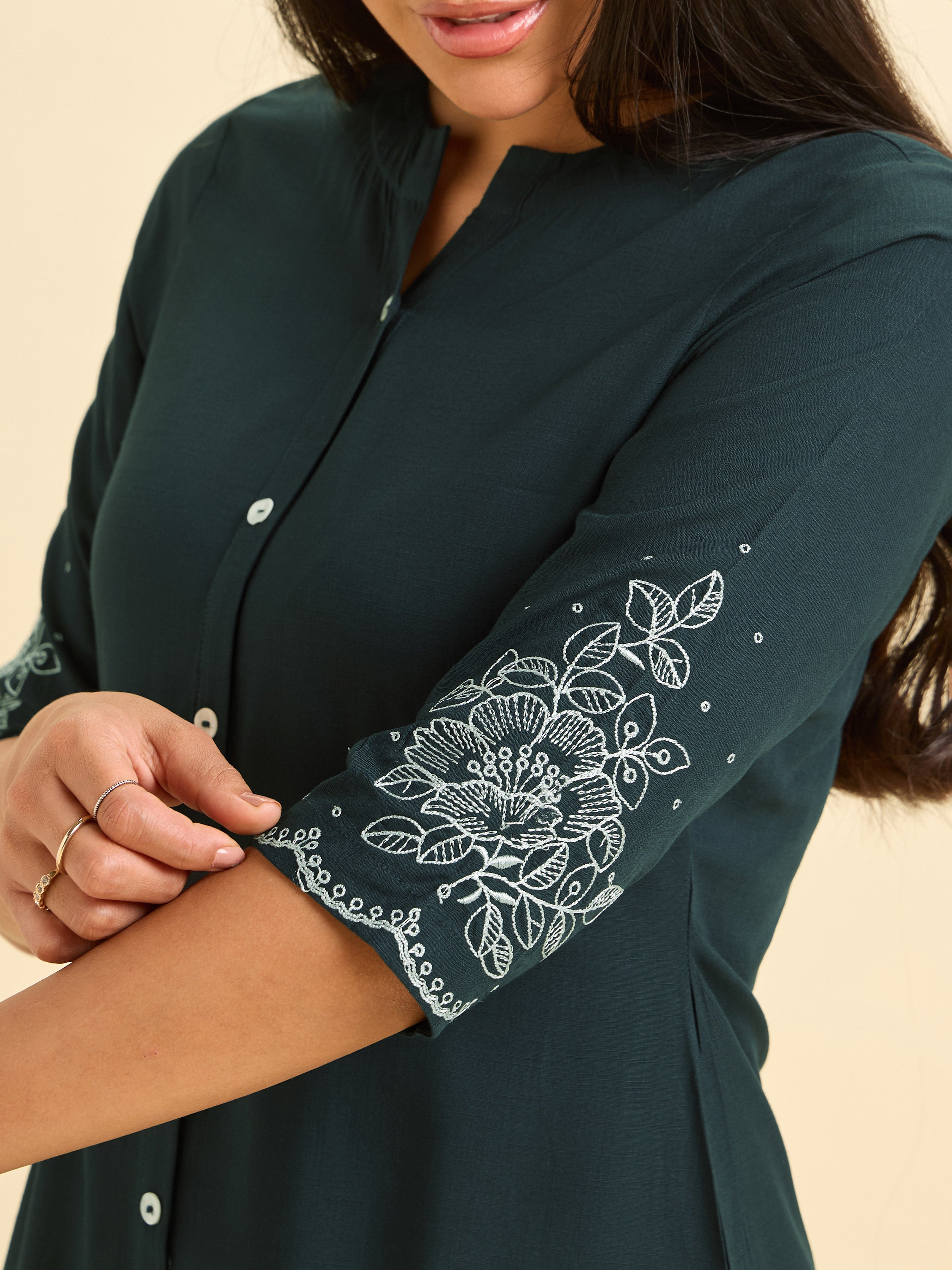 Teal viscose slub kurti with embroidery