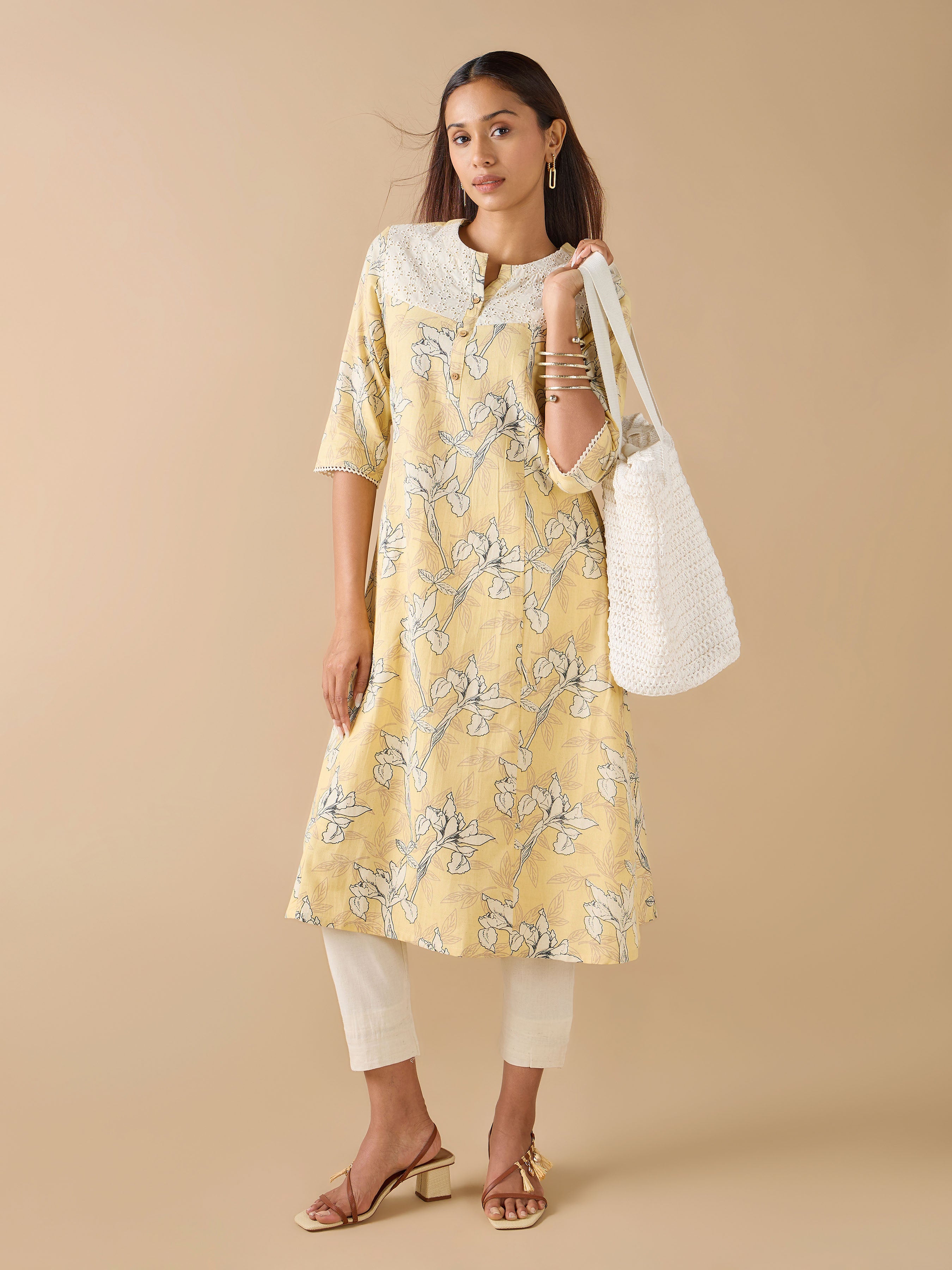 Multi Color Cotton Flax Printed Kurti With Embroidery