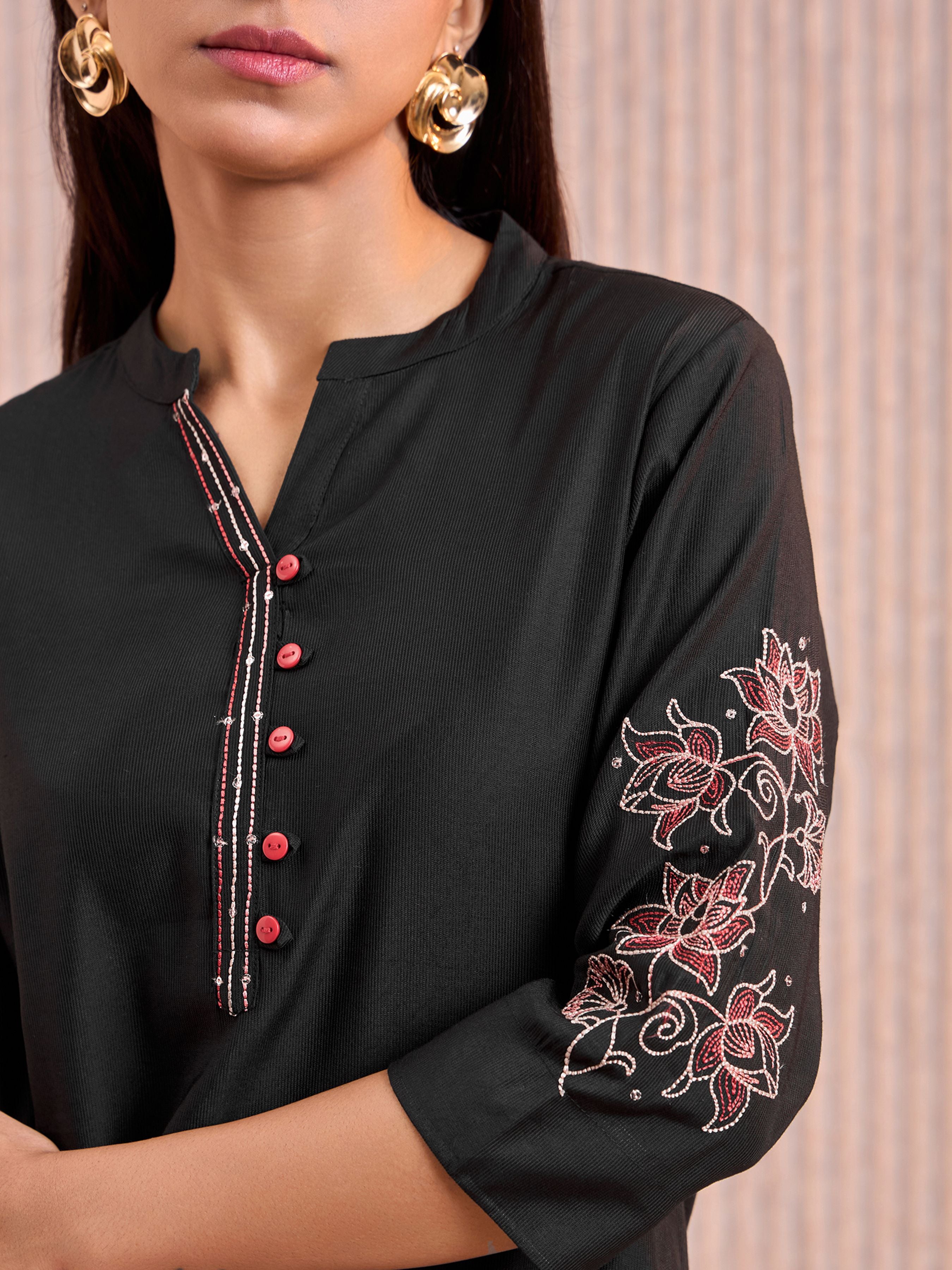Black Viscose Plain Kurti With Embroidery& Sequins Work