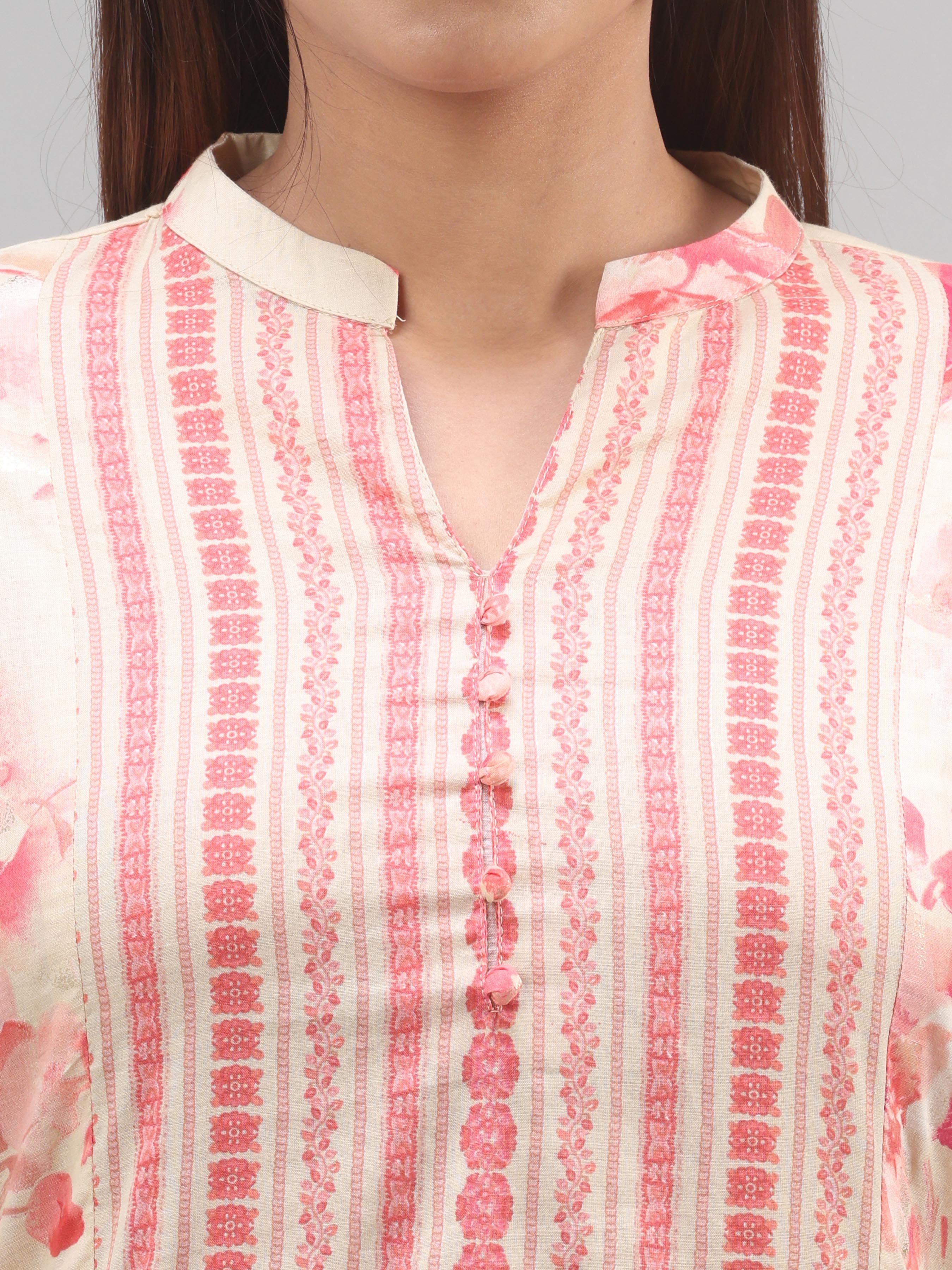 Beige And Pink Pure Cotton Printed Kurti
