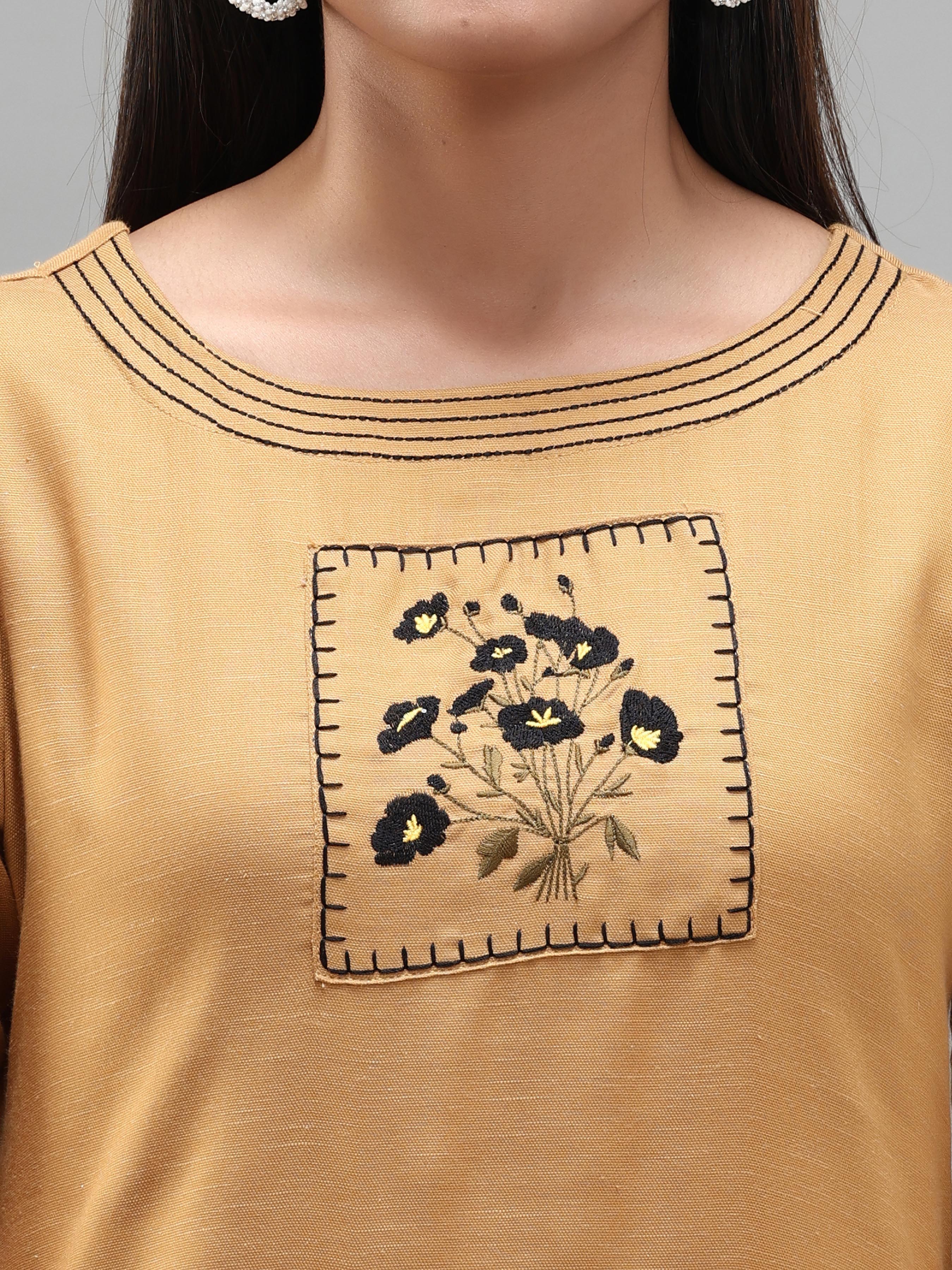 Mustard Yellow Viscose Plain Kurti With Embroidery
