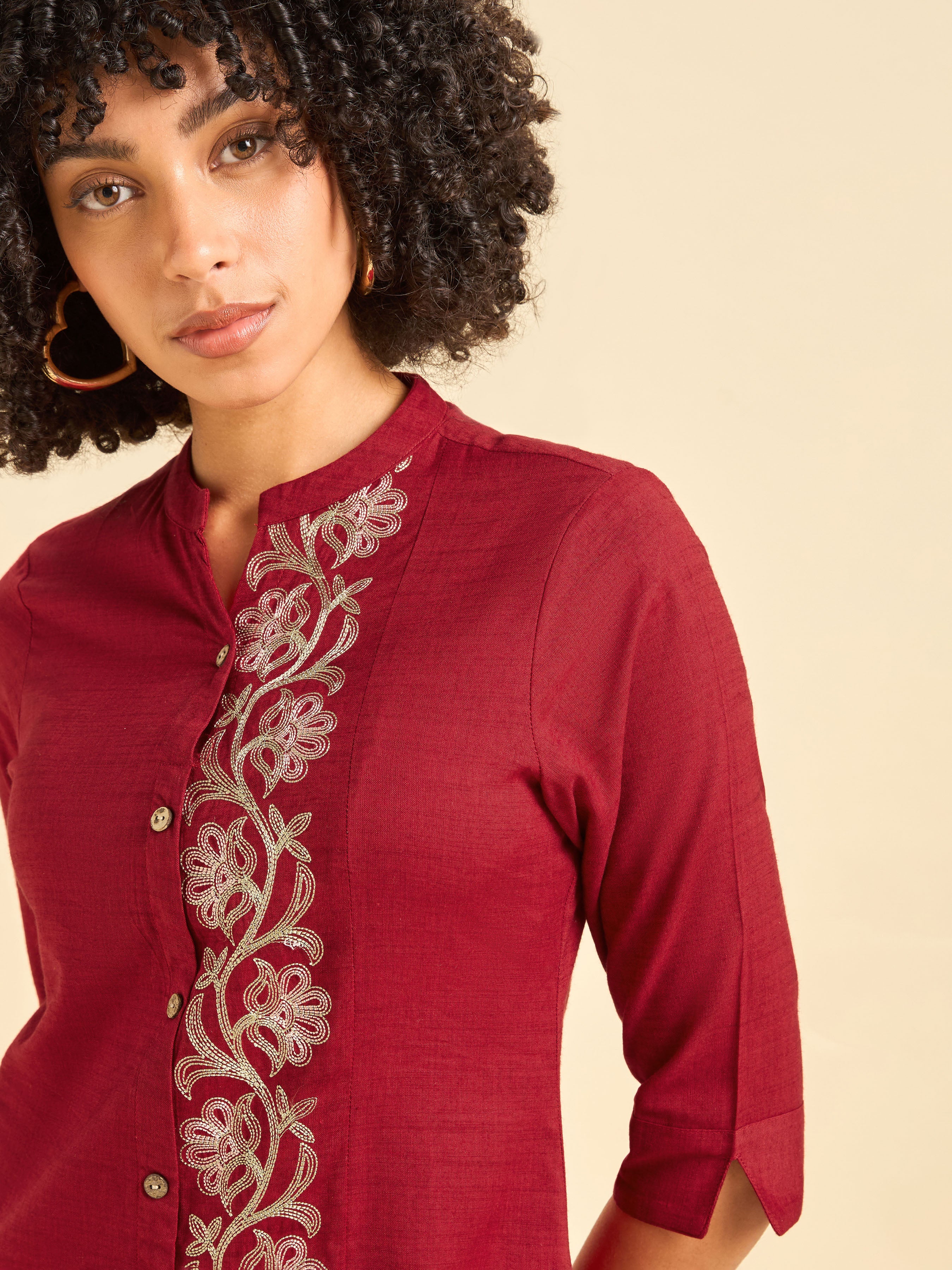 Red Cotton Viscose Kurti With Embroidery