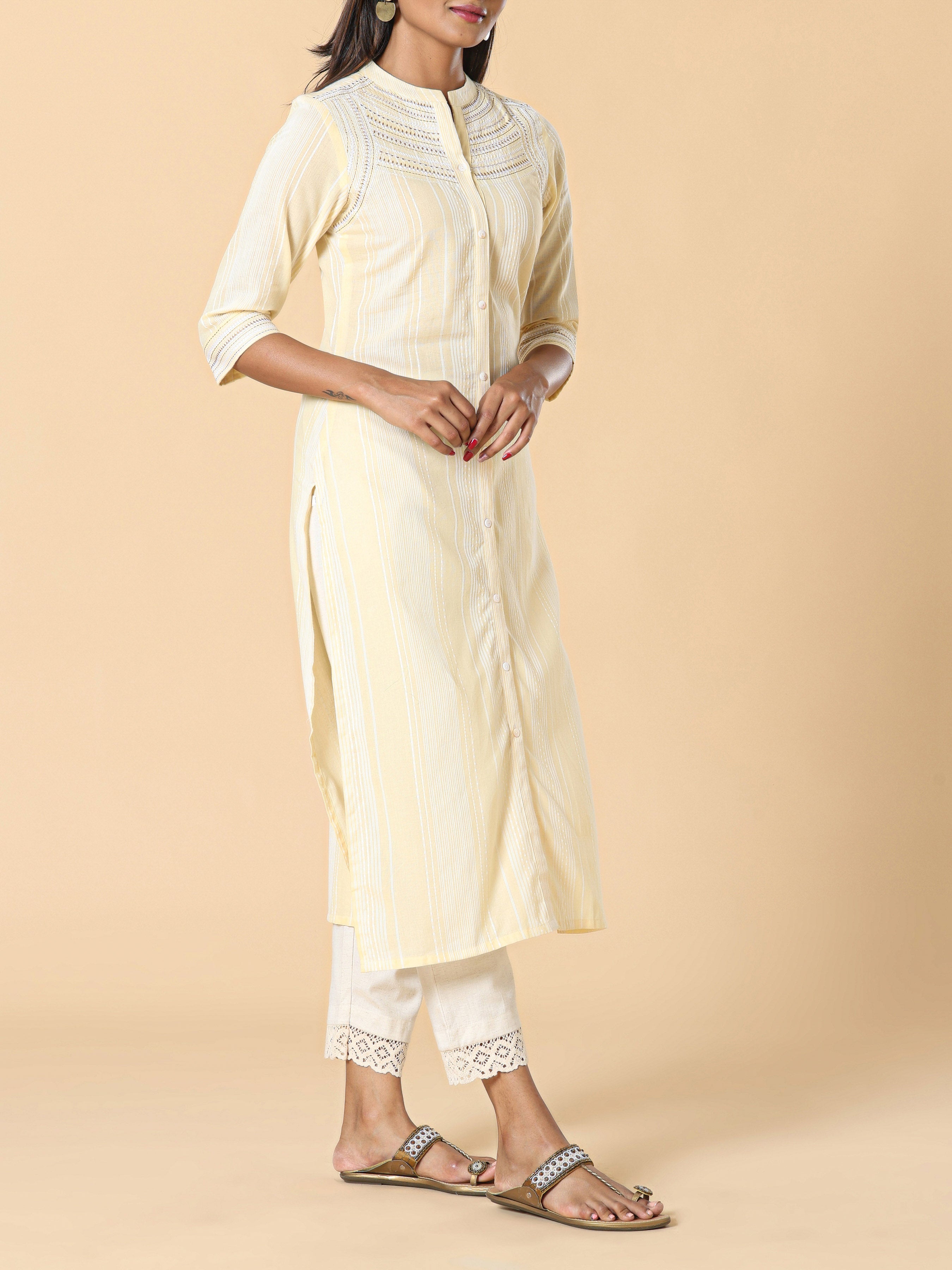 Pale Yellow Cotton Dobby Kurti With Embroidery