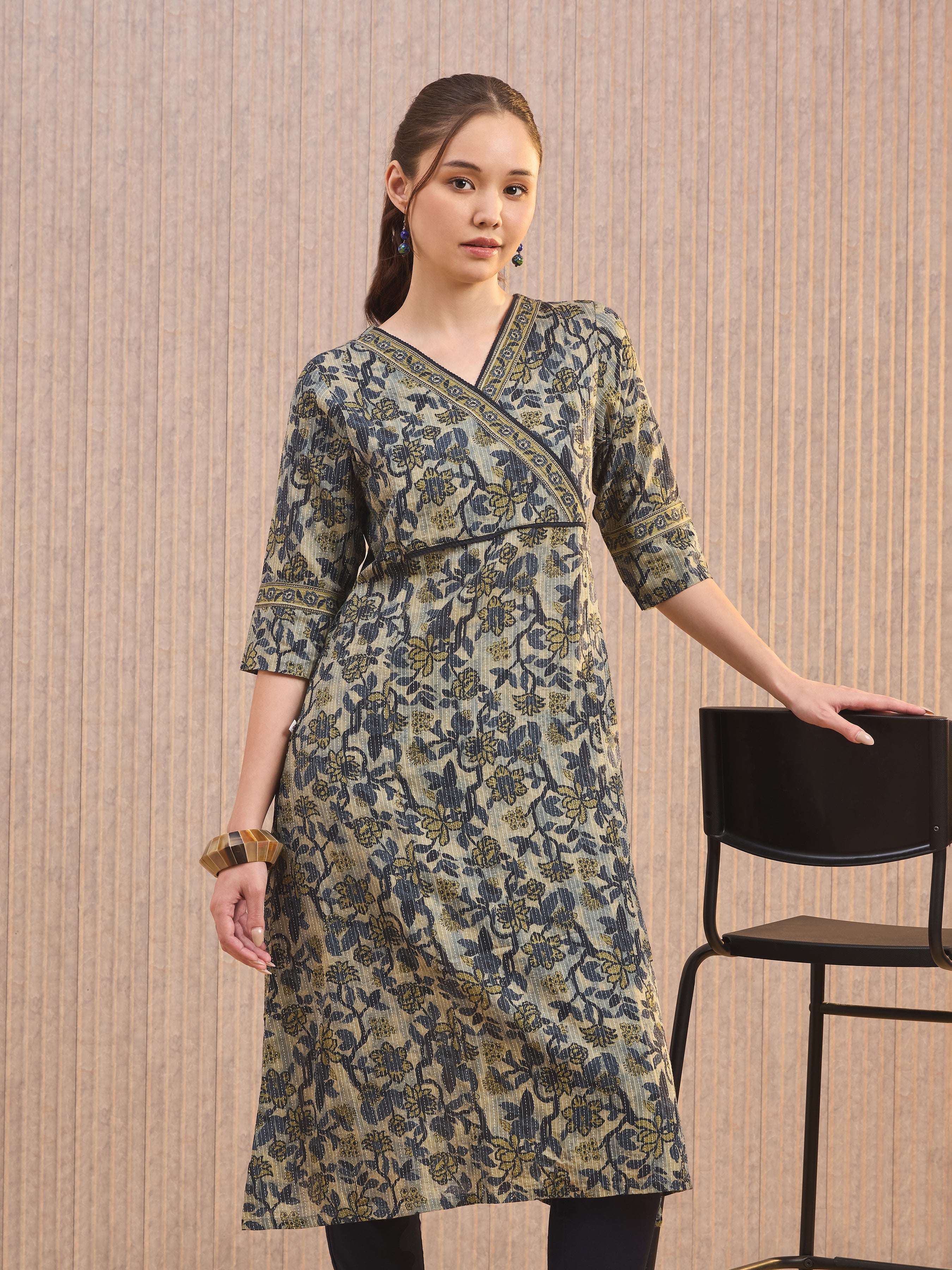 Olive Green Pure Cotton Printed Kurti With Lace Detailing