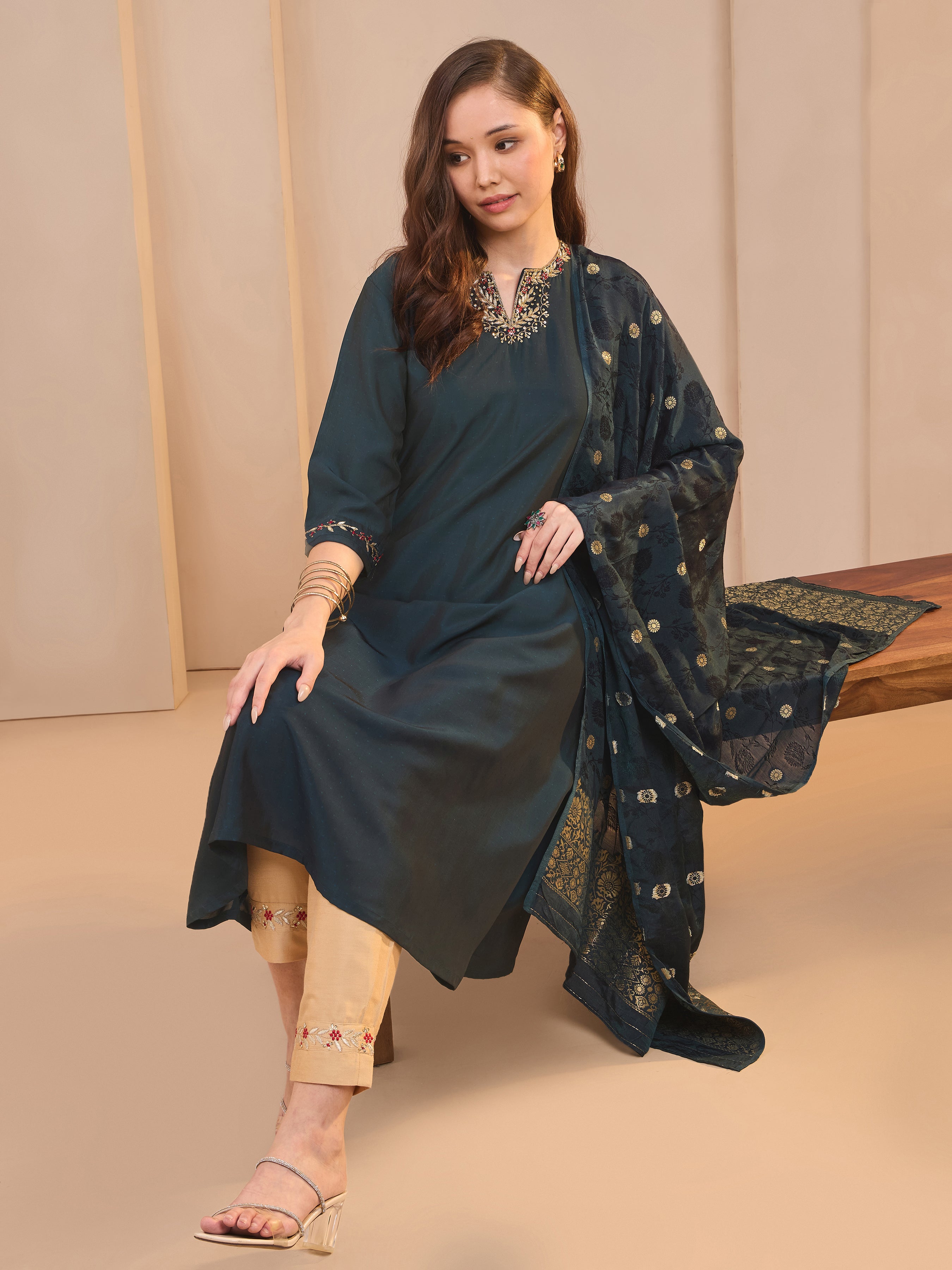 Navy Blue Viscose Blend Kurti Set & Dupatta With Hand Work