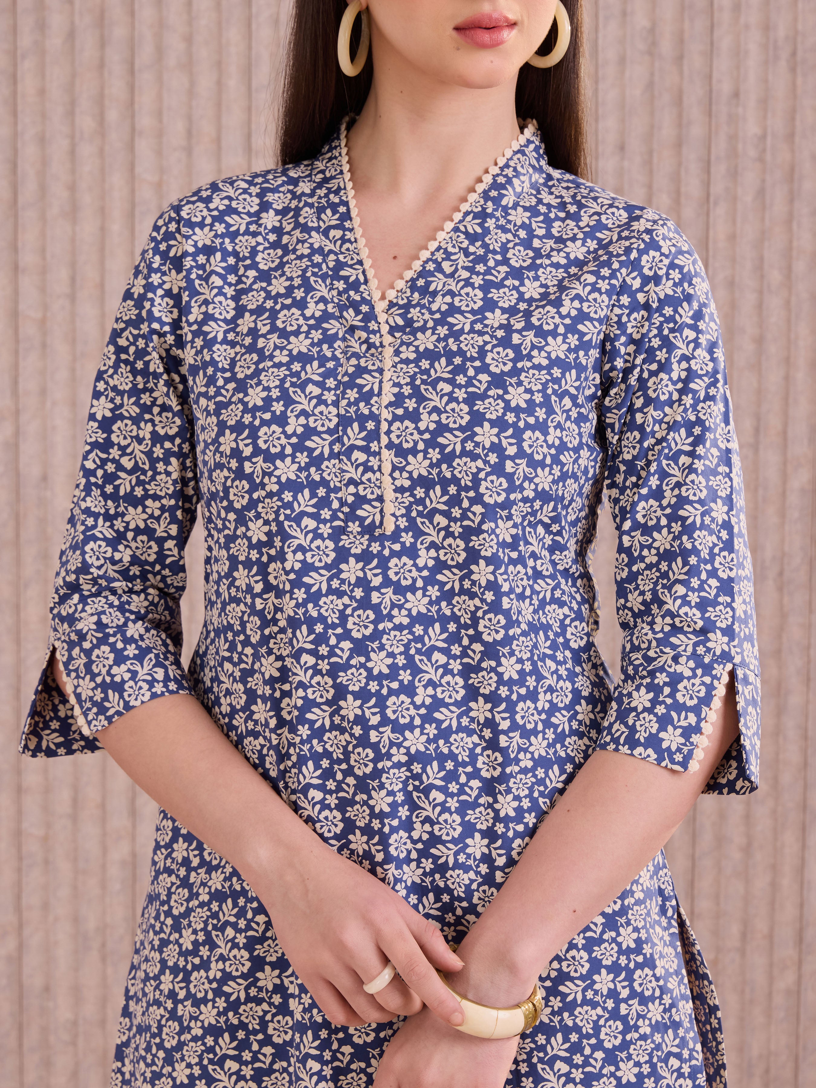 Blue Colour Pure Cotton Printed Kurti With Lace