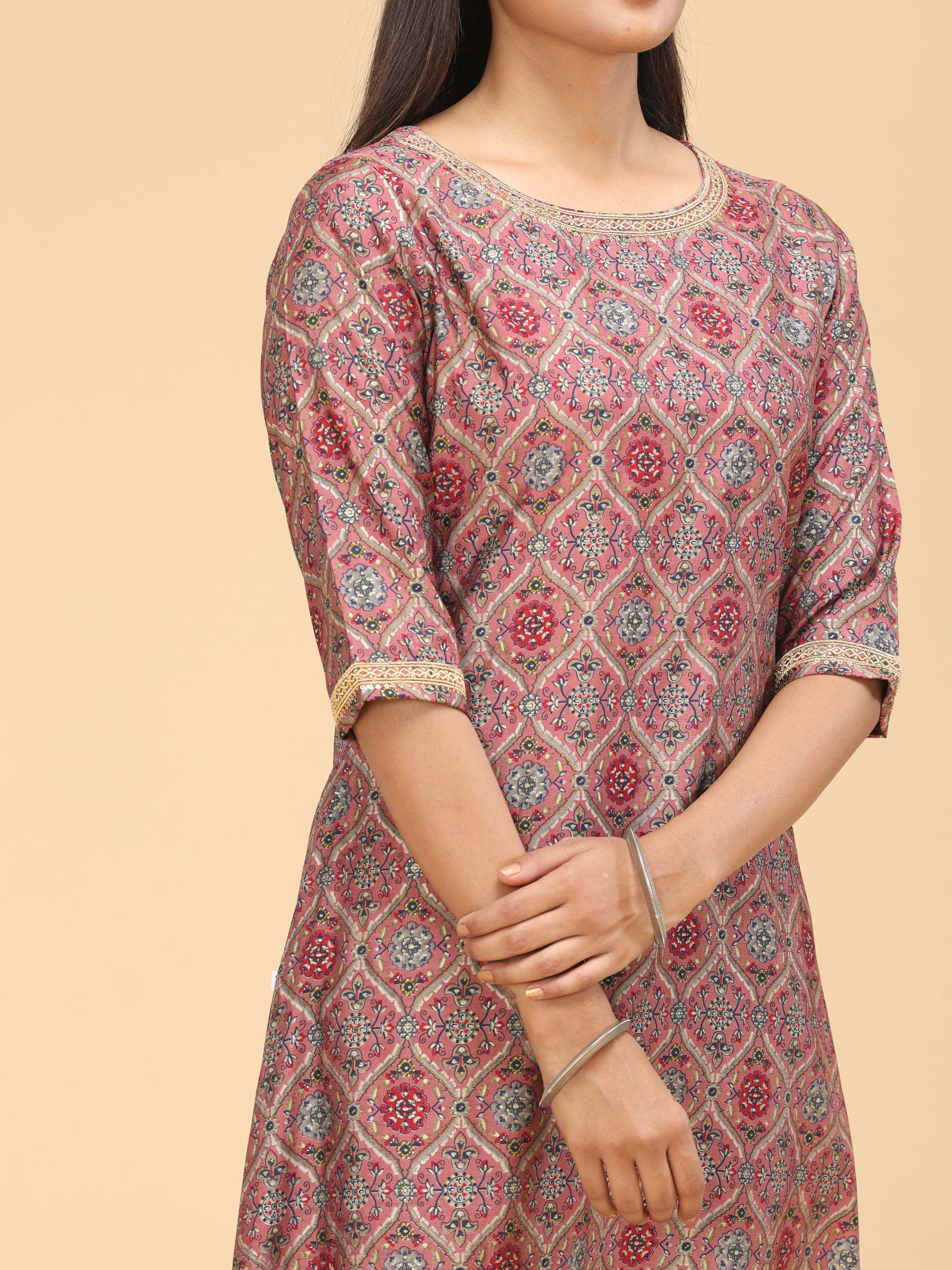Copper Brown Modal Chanderi Printed Kurti With Hand Work