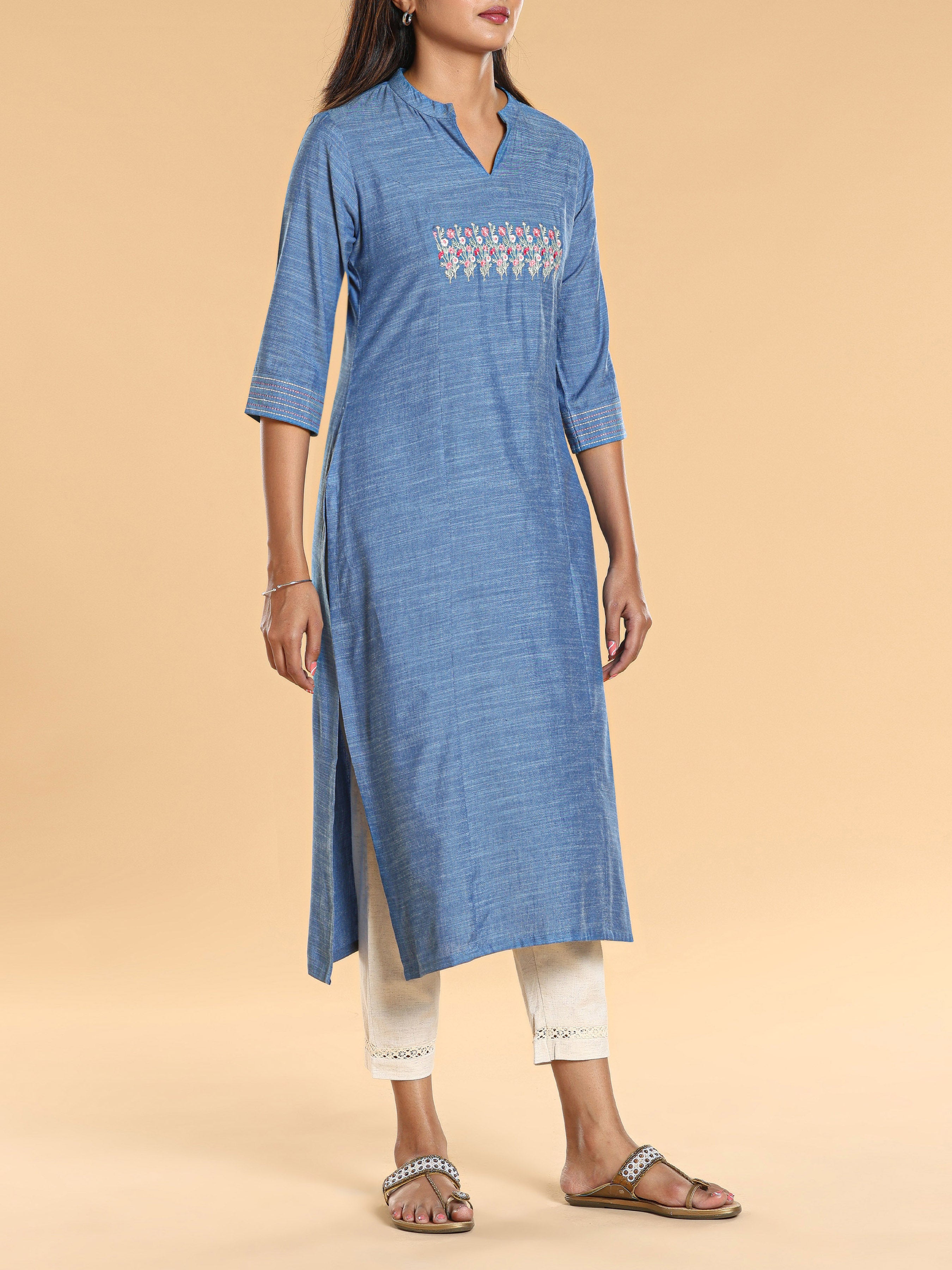 Women Wearing Denim Blue Viscose Cotton Kurti With Embroidery