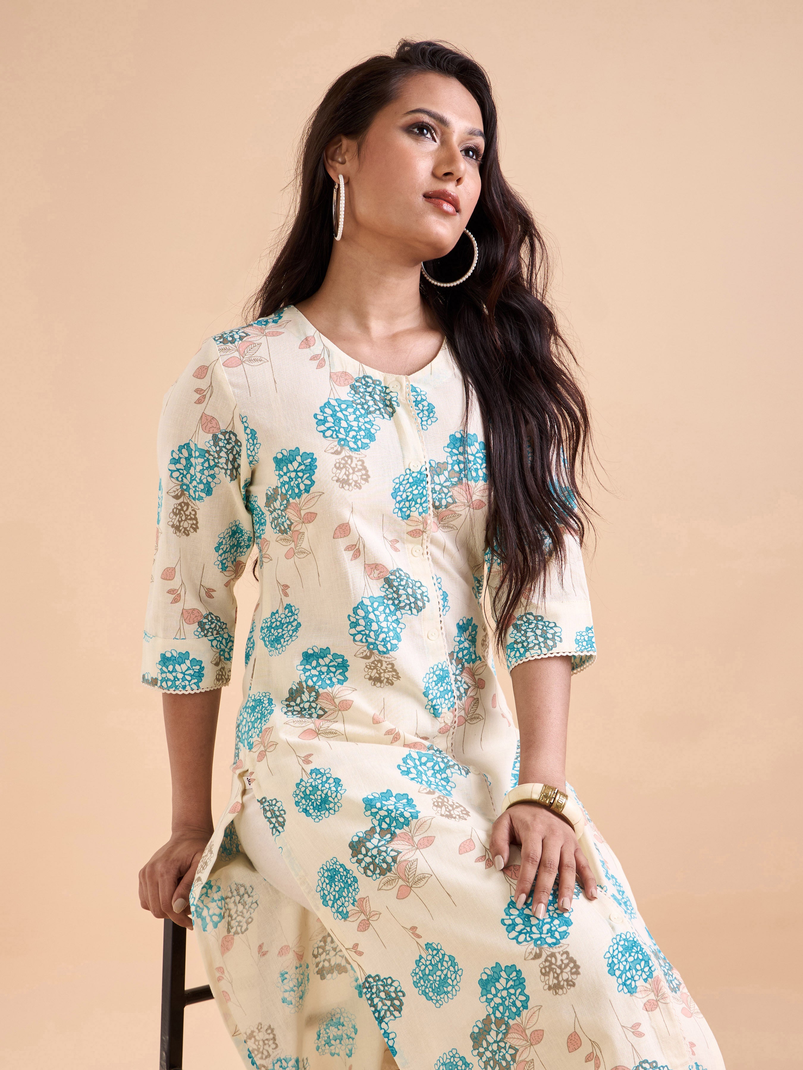 Ivory And Blue Cotton Flax Printed Kurti With Lace Detailing