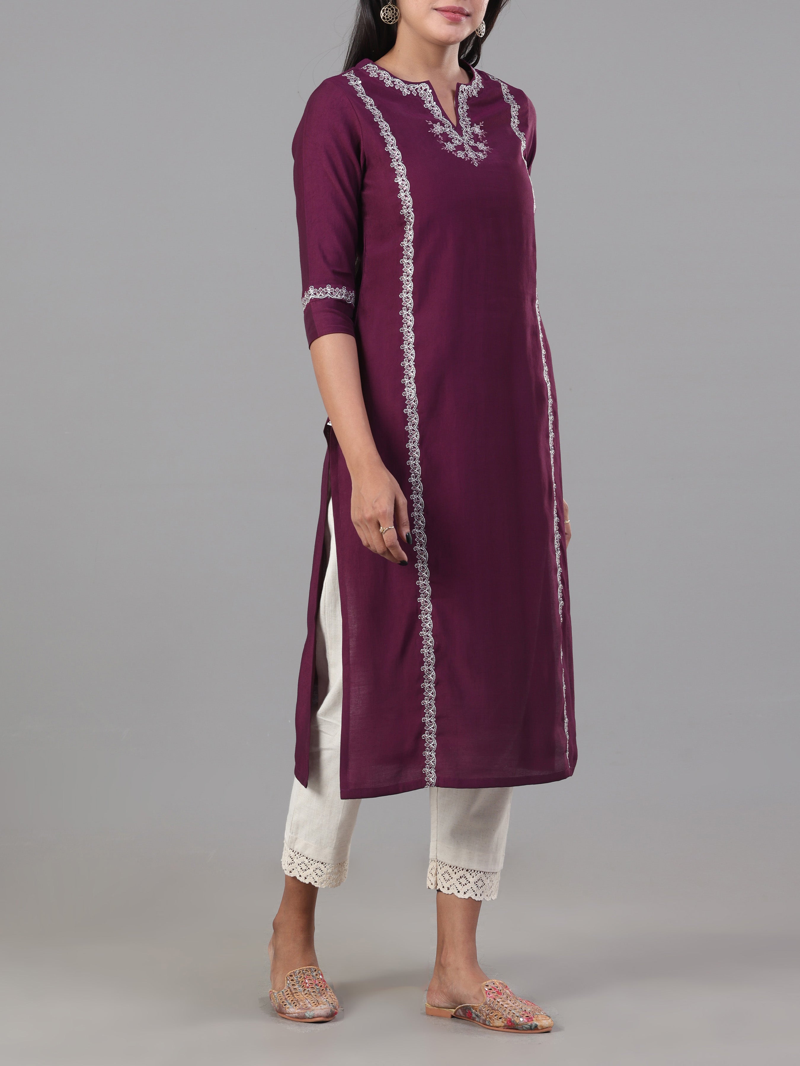 Purple Denting Viscose Kurti With Embroidery