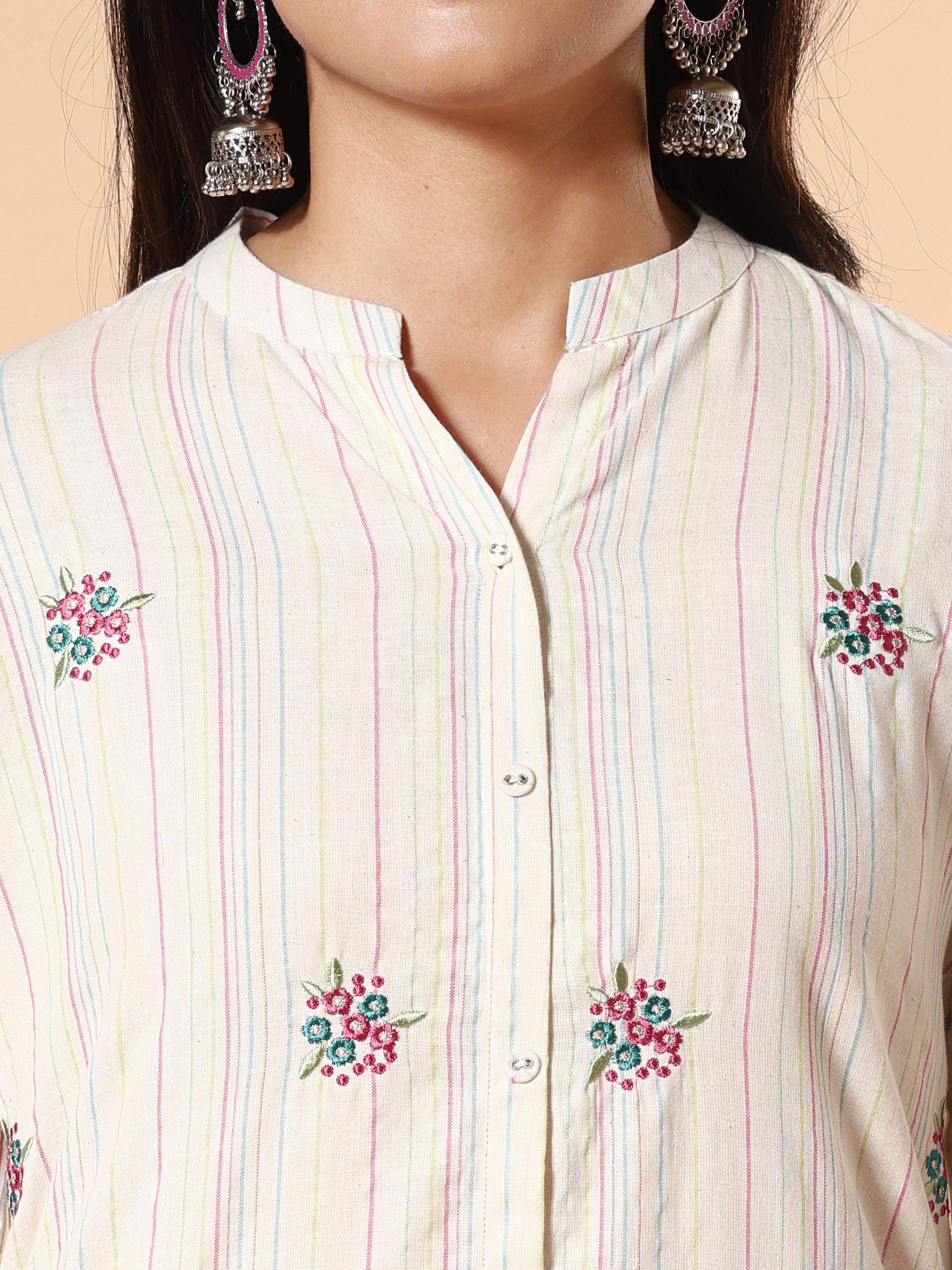 Ivory Cotton Striped Kurti With Embroidery