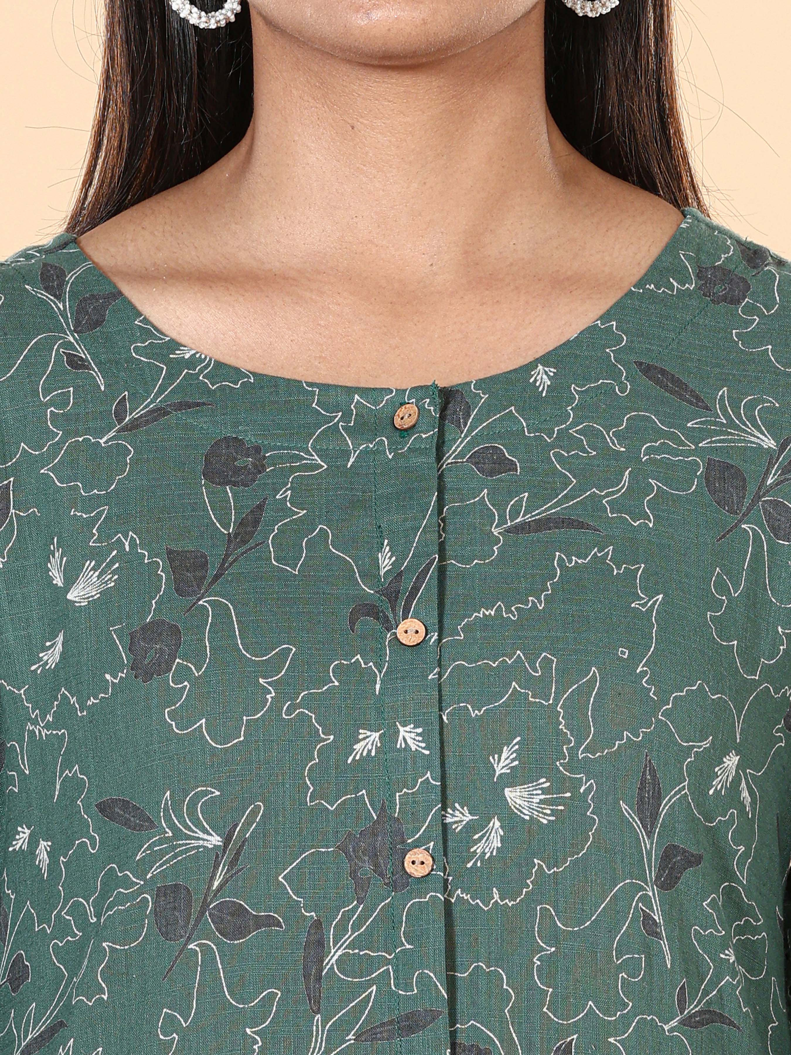 Bottle Green Cotton Slub Printed Kurti With Lace Detailing