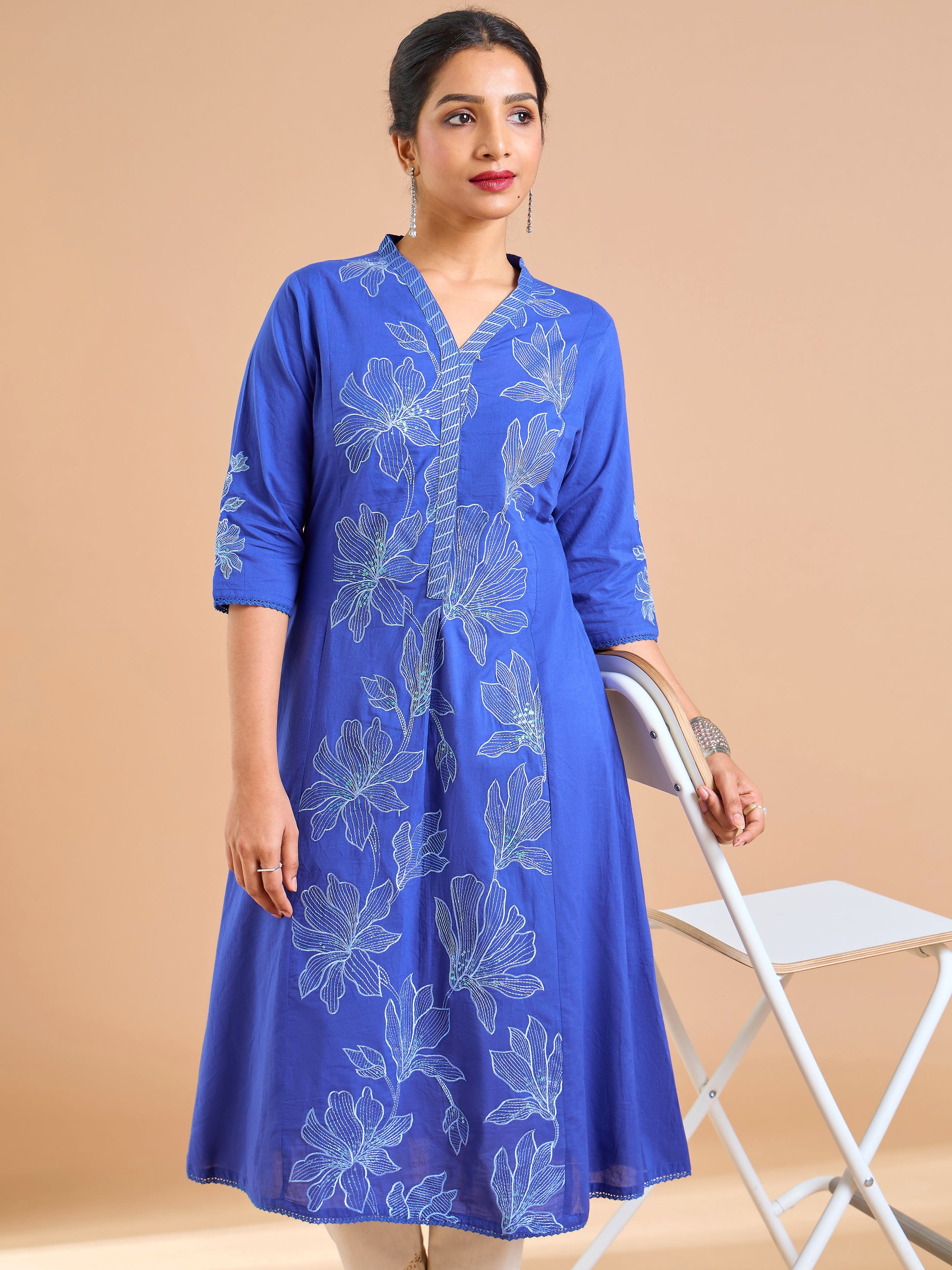 Royal Blue Cotton Flax Kurti With Embroidery