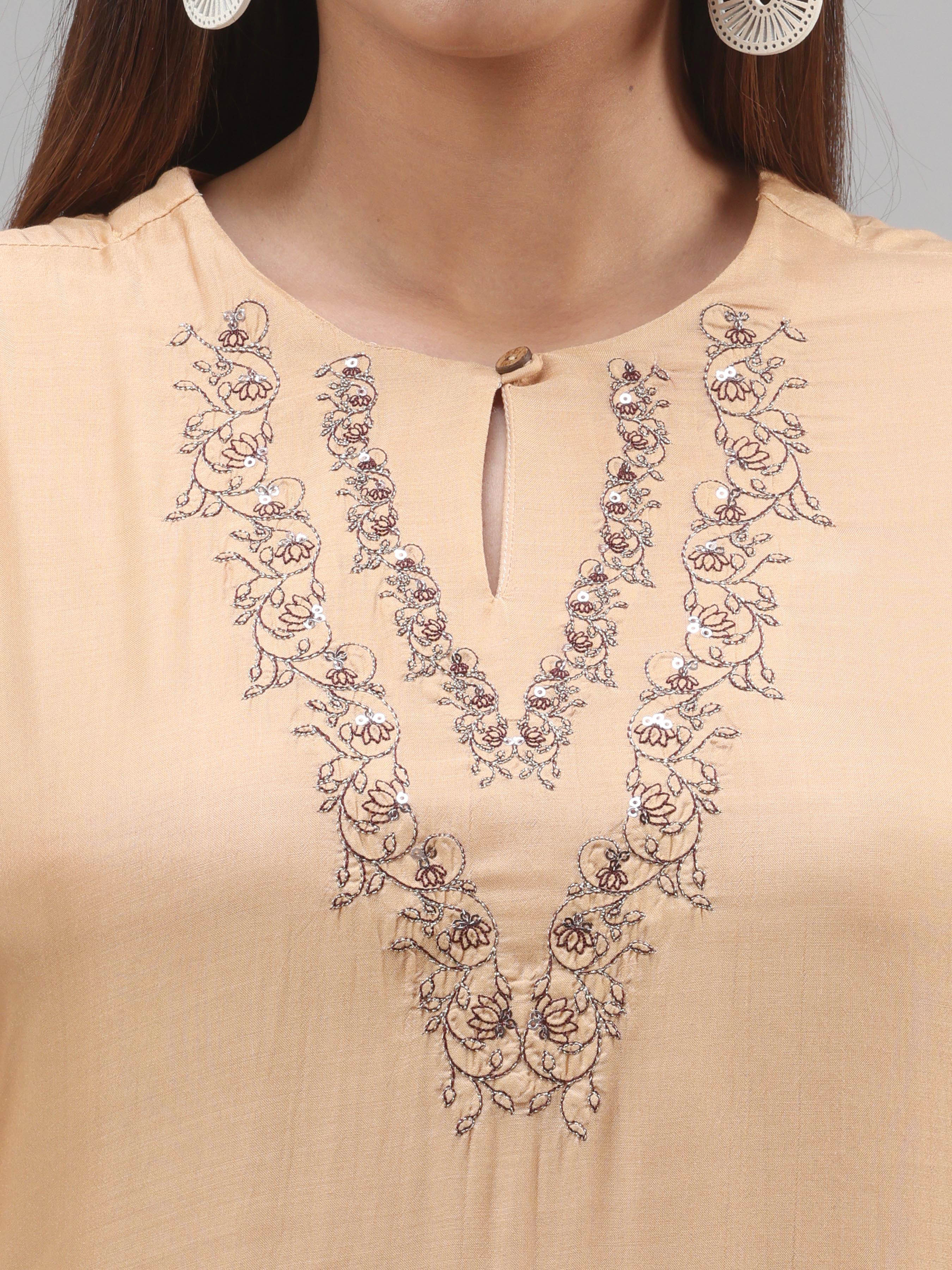 Beige Viscose Plain Kurti With Embroidery