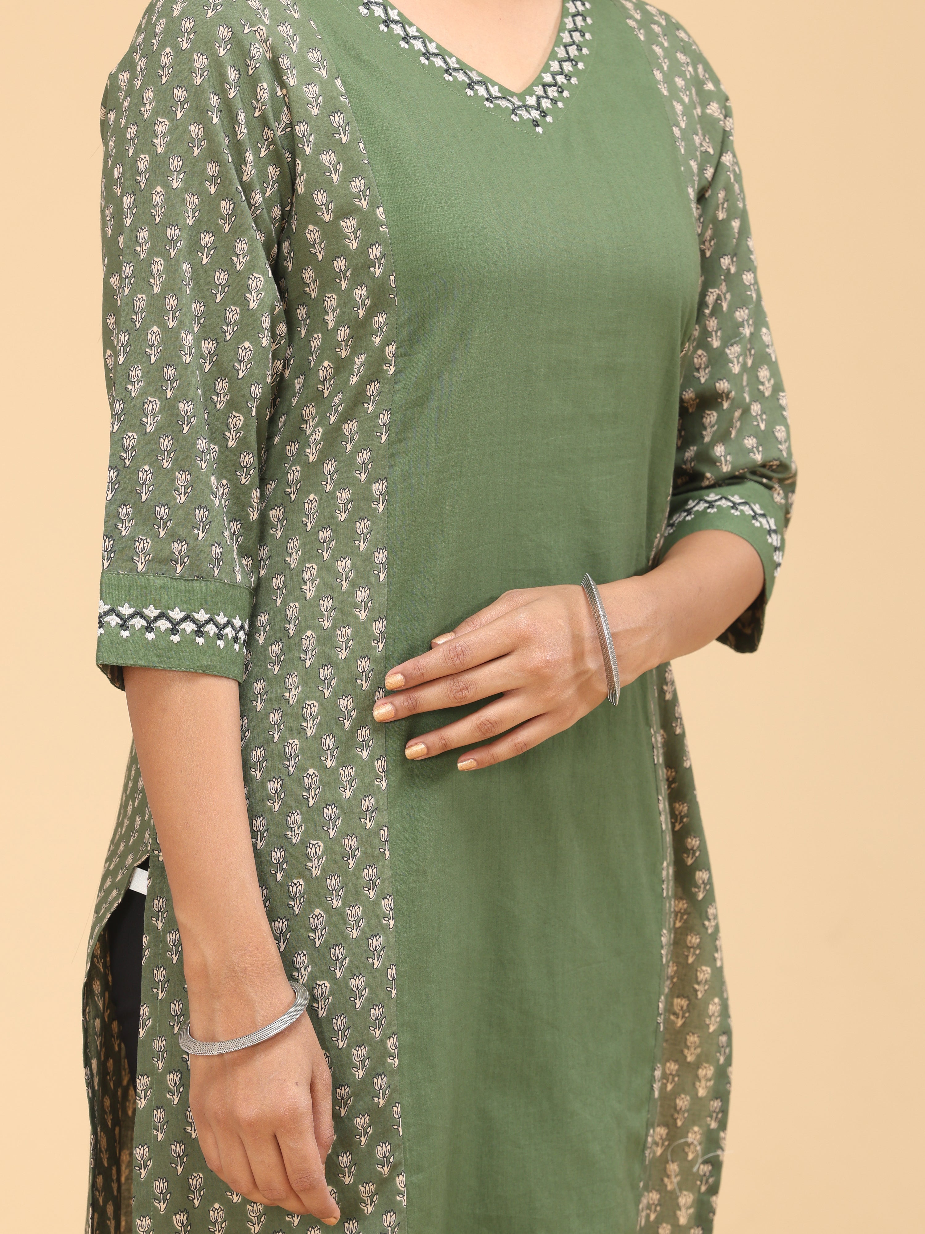 Olive Green Pure Cotton Printed Kurti With Embroidery
