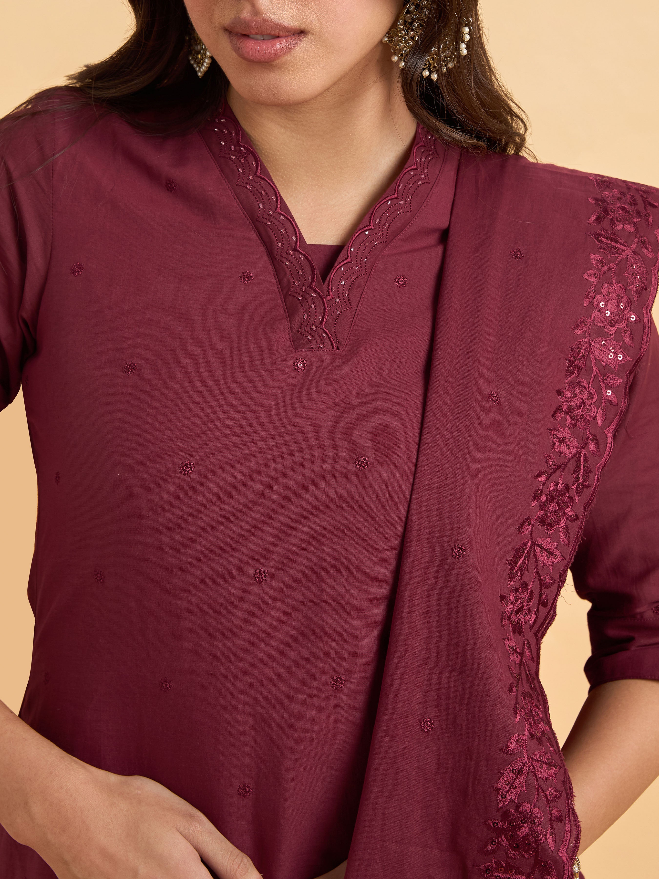 Maroon Pure Cotton Kurti Set With Dupatta And Hand Work Embroidery