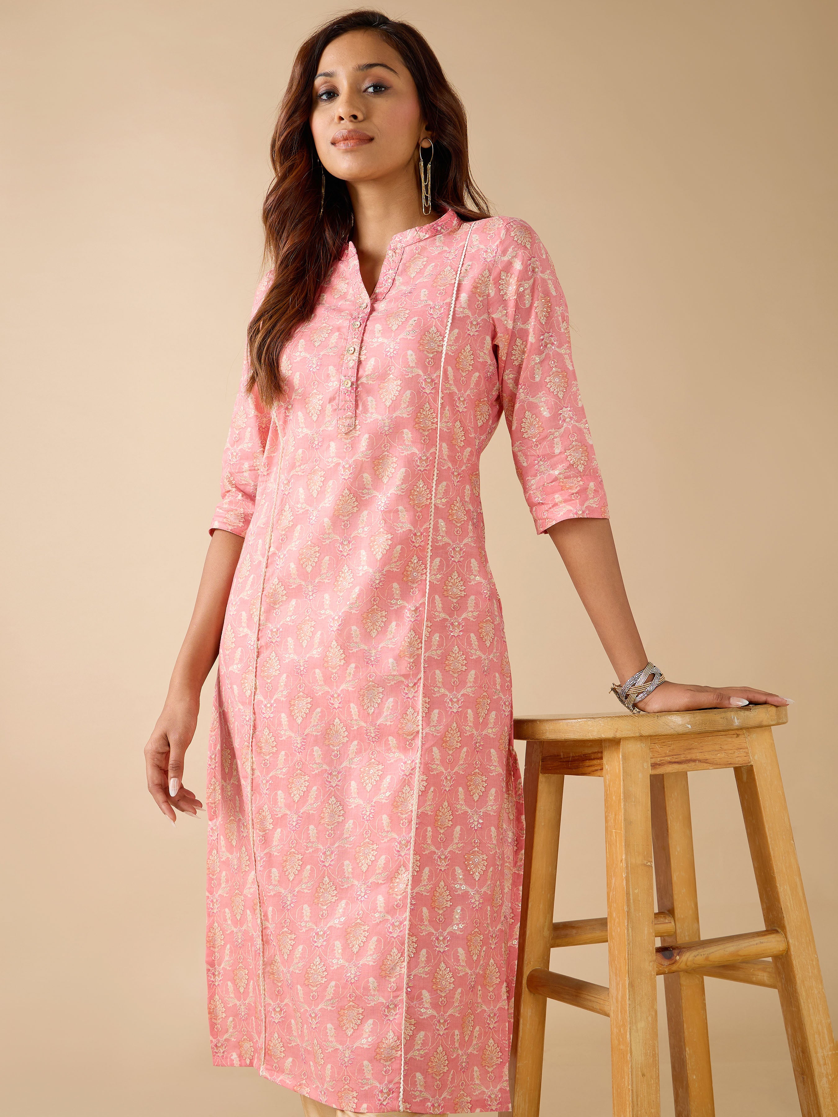Pink Pure Cotton Foil Printed Kurti With Lace And Embroidery
