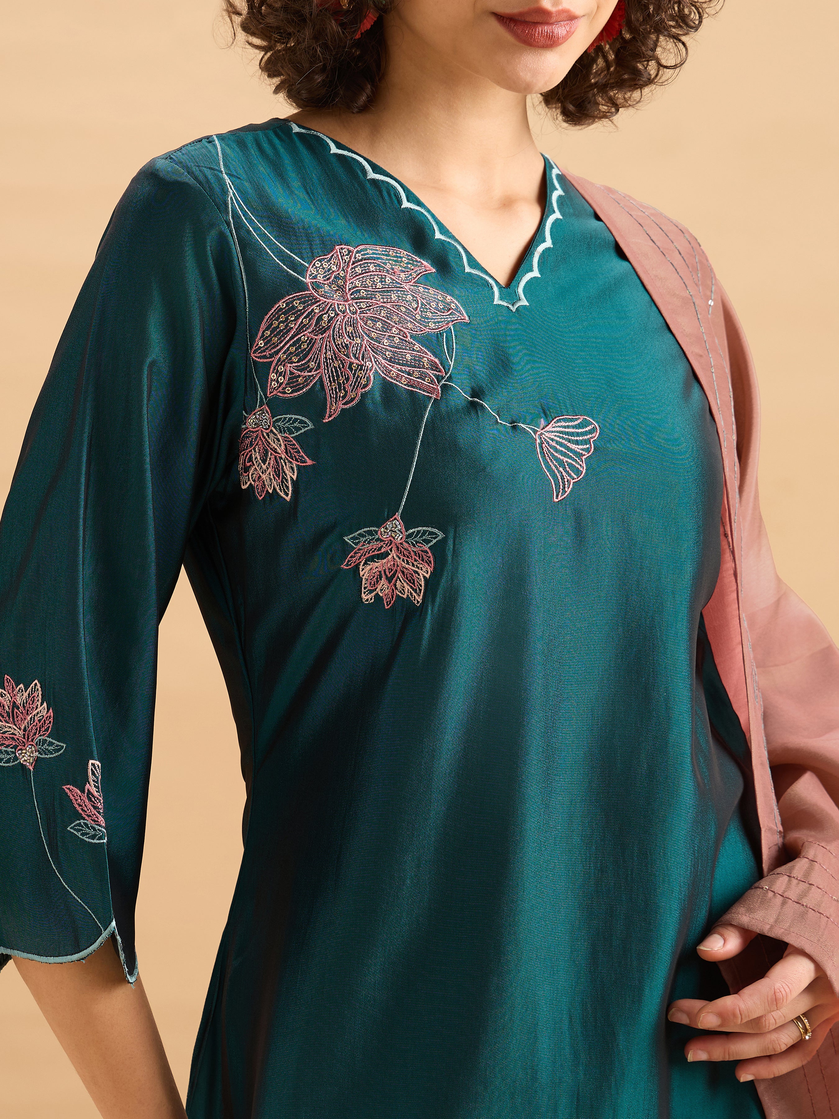 Teal Viscose Blend Kurti Set With Dupatta & Sequins Embroidery