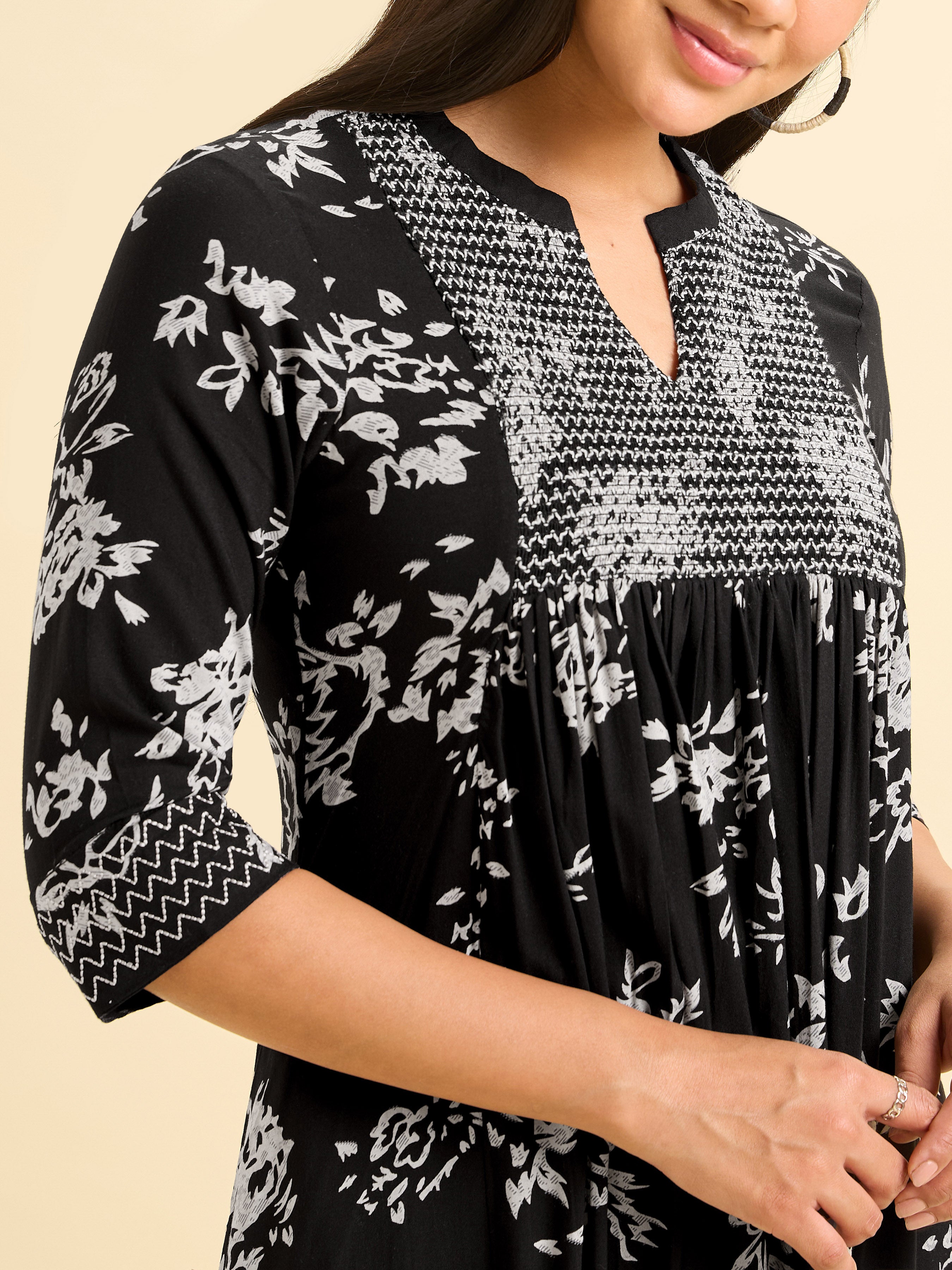 Black And Ivory Viscose Printed Flared Kurti With Smocking Embroidery