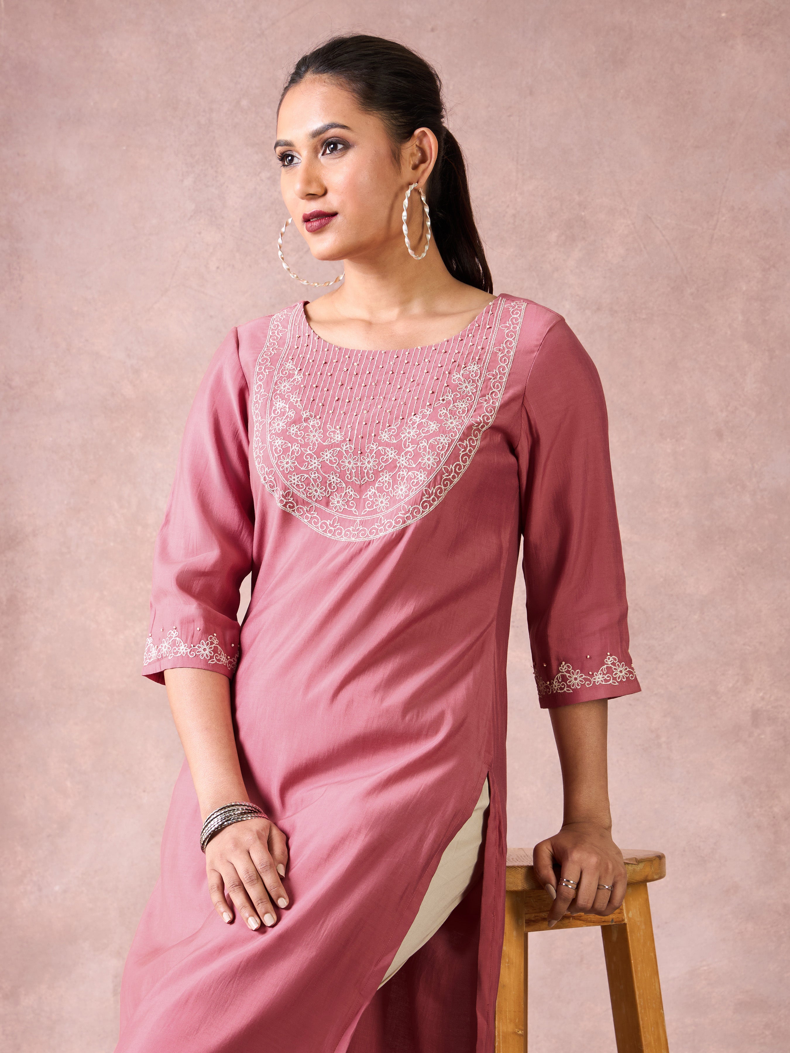 Onion Pink Viscose Blend Kurti & Bottom With Sequins Embroidery
