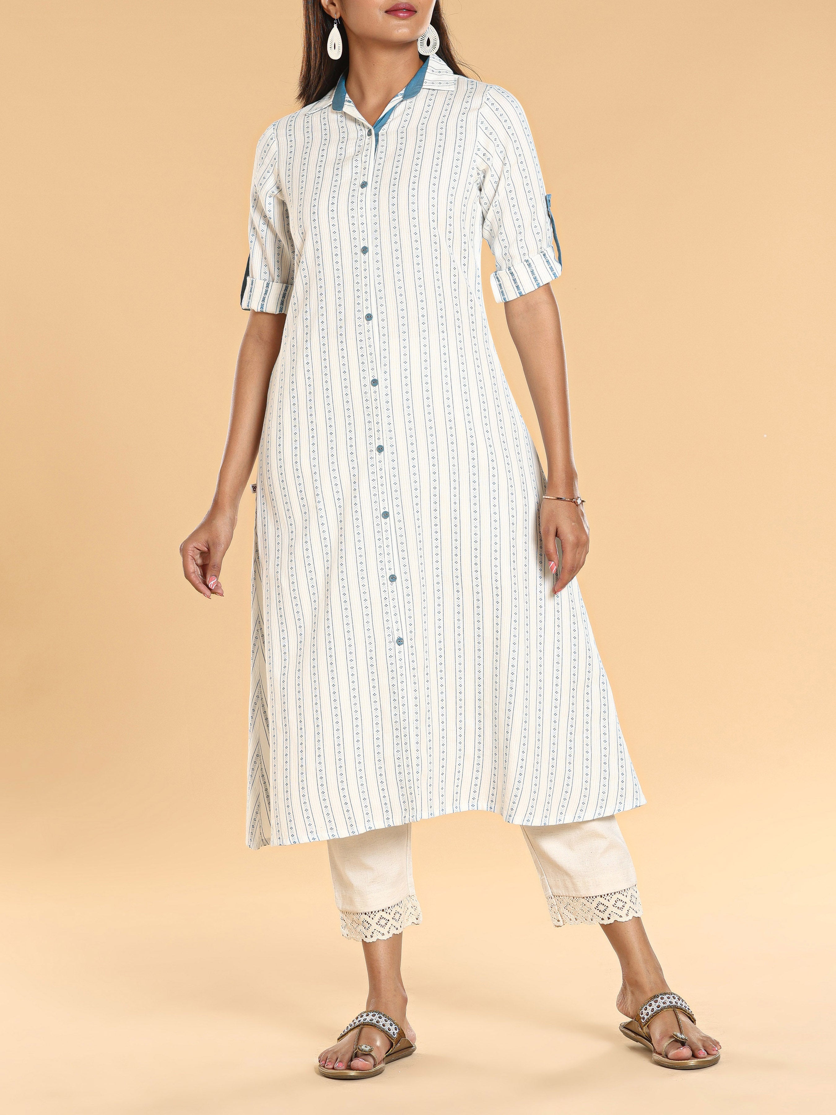 Off White Cotton Dobby Kurti With Button Placket