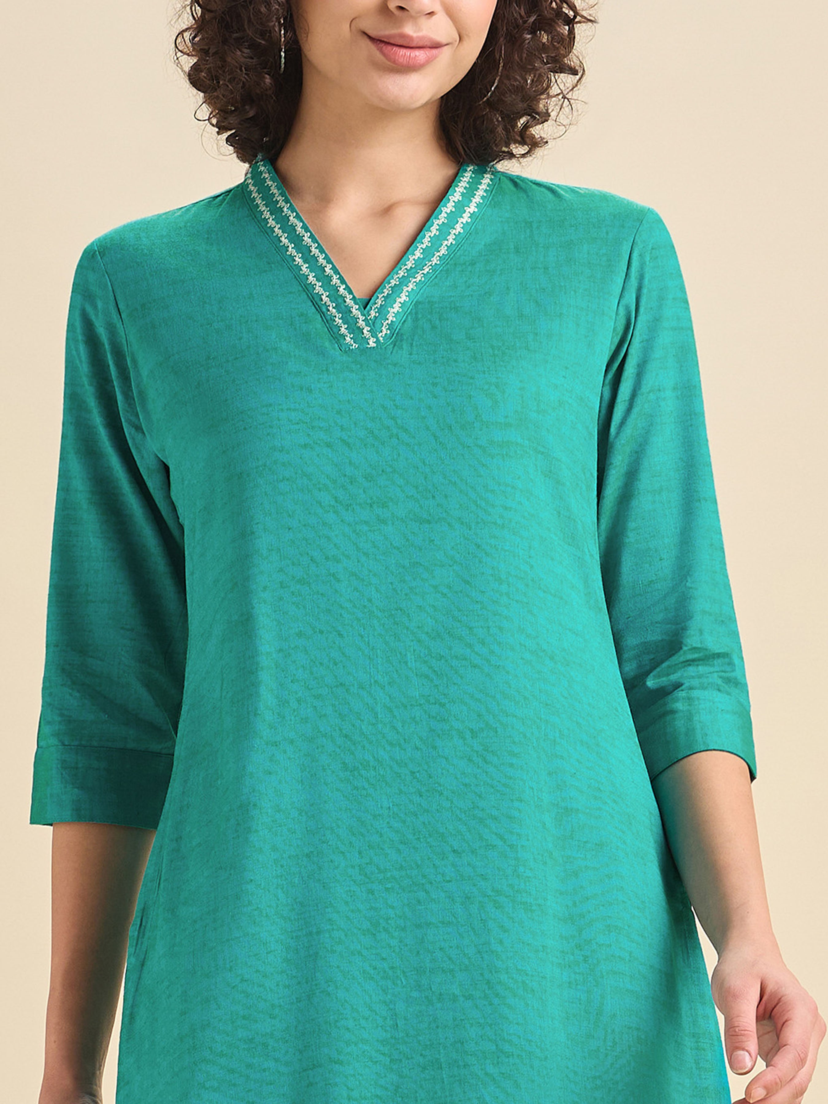 Aqua Green Cotton Viscose Kurti With Embroidery