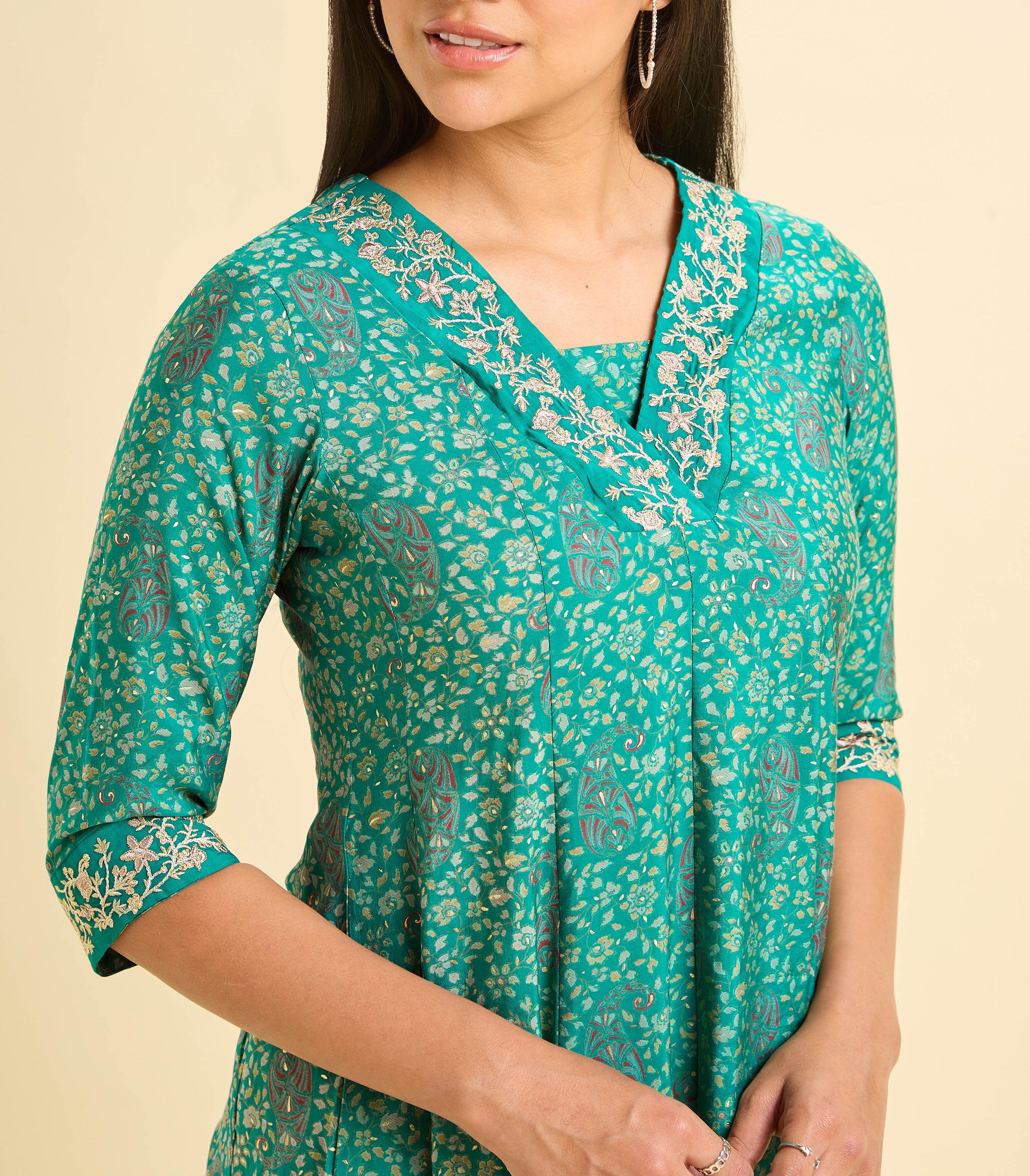 Rama Green Modal Chanderi Kali Cut Printed Kurti With Embroidery