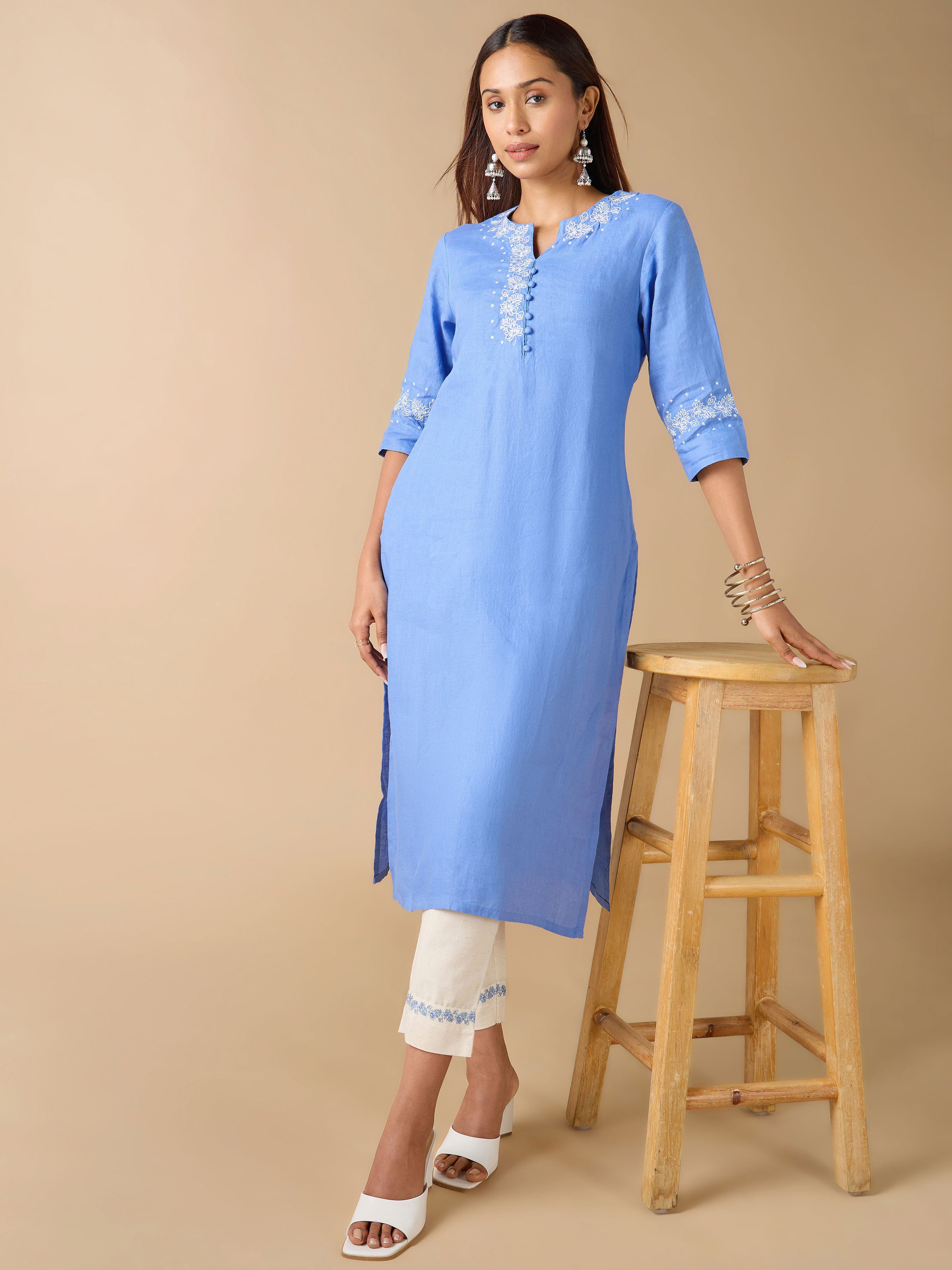 Blue Linen Plain Kurti With Embroidery And Matching Bottom