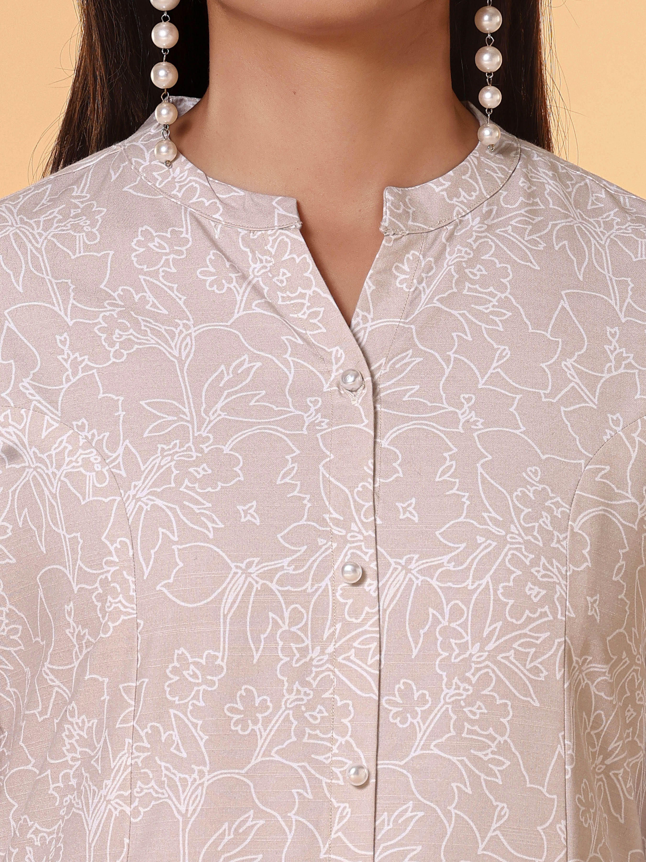 Ivory Modal Slub Printed Kurti With Button Placket