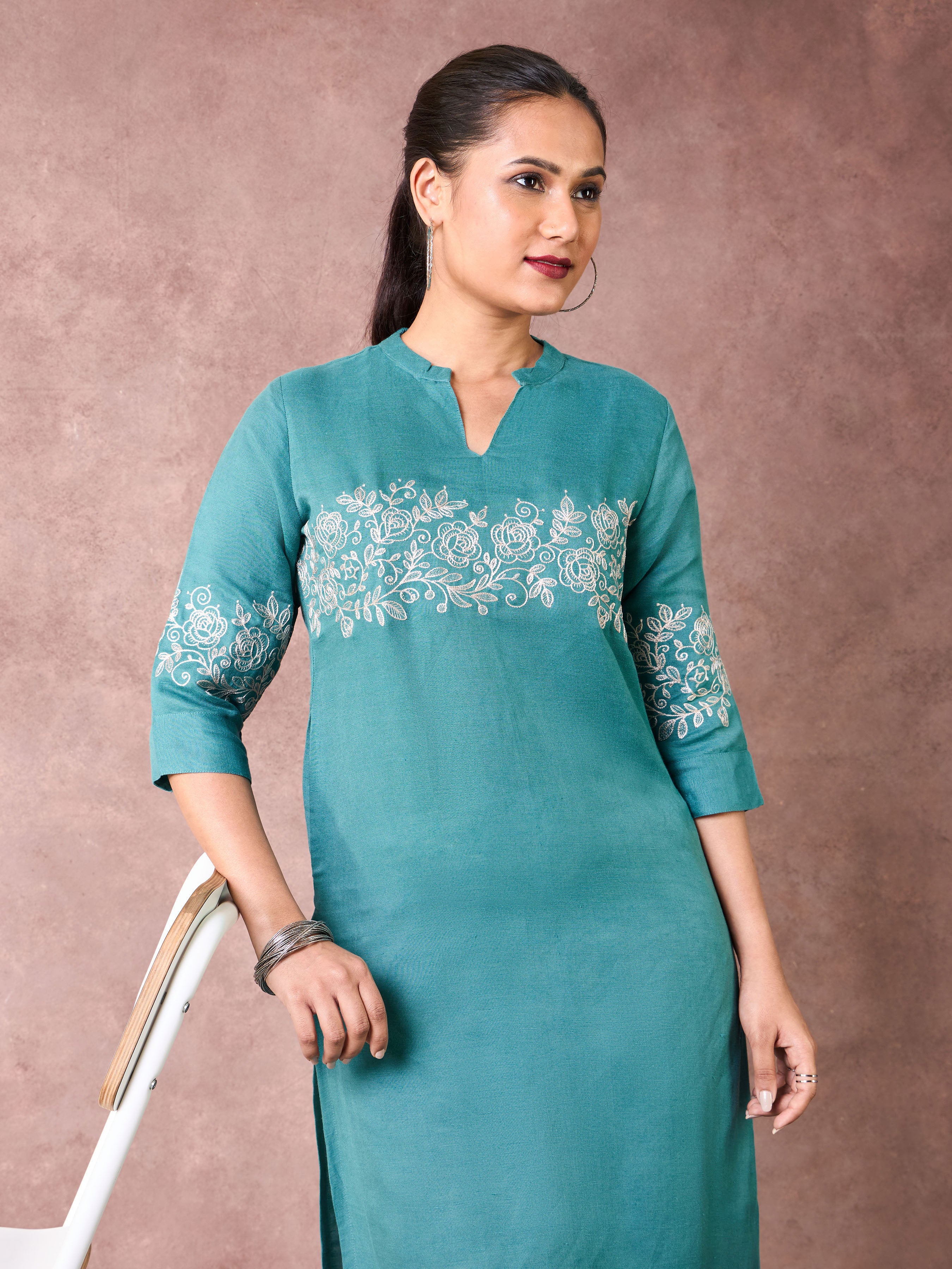 Teal Blue Viscose Linen Kurti & Bottom With Embroidery
