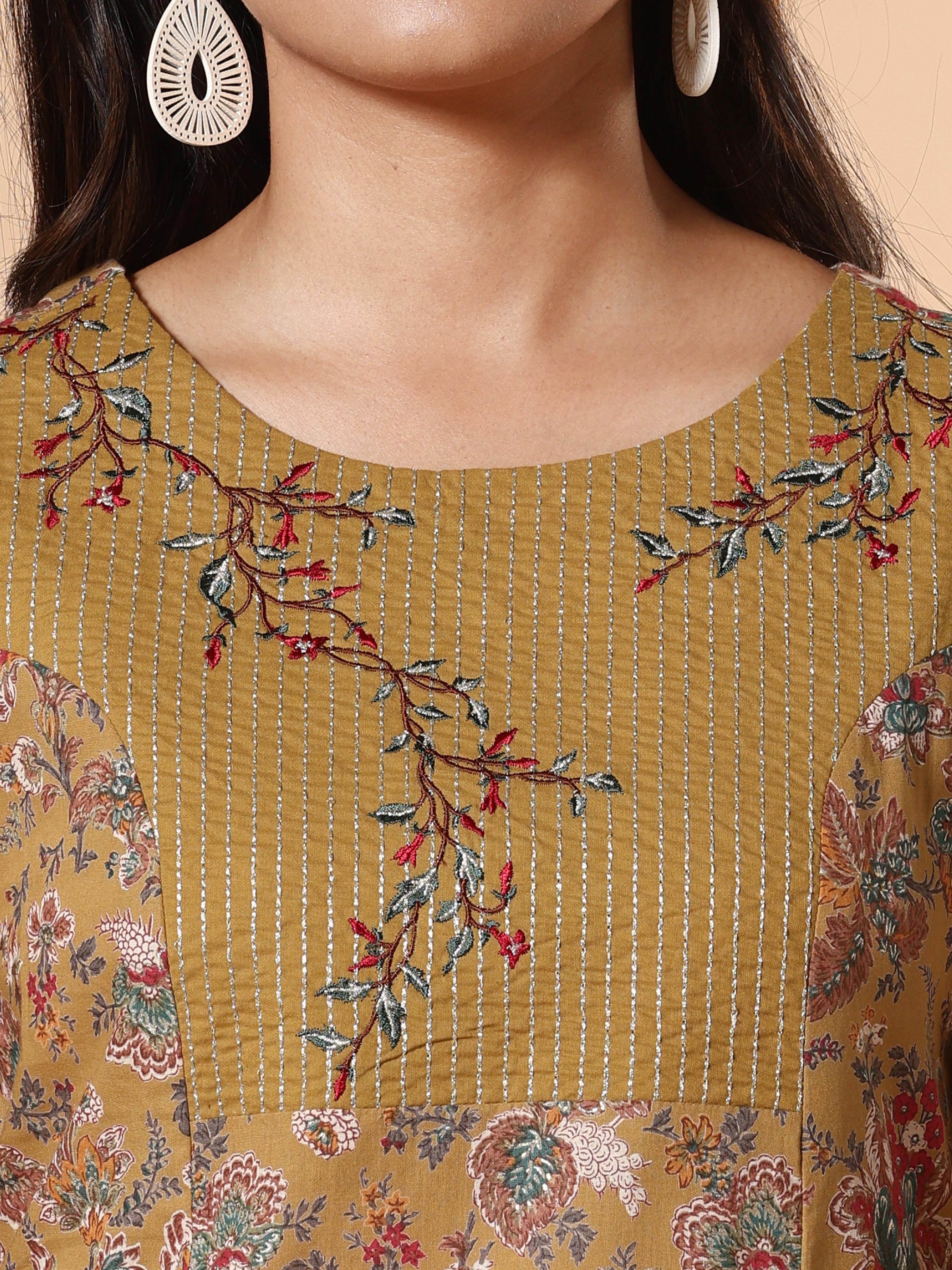 Olive Green Pure Cotton Printed Kurti With Embroidery