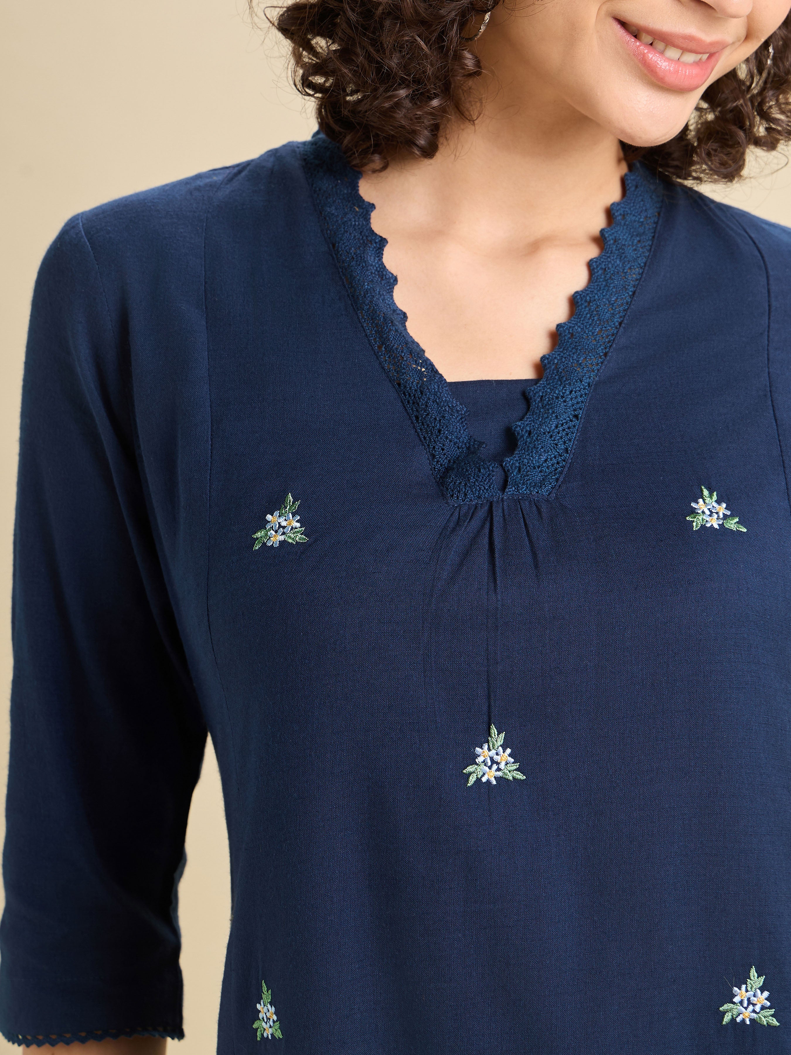 Navy Blue Cotton Viscose Flared Kurti With Lace And Embroidery