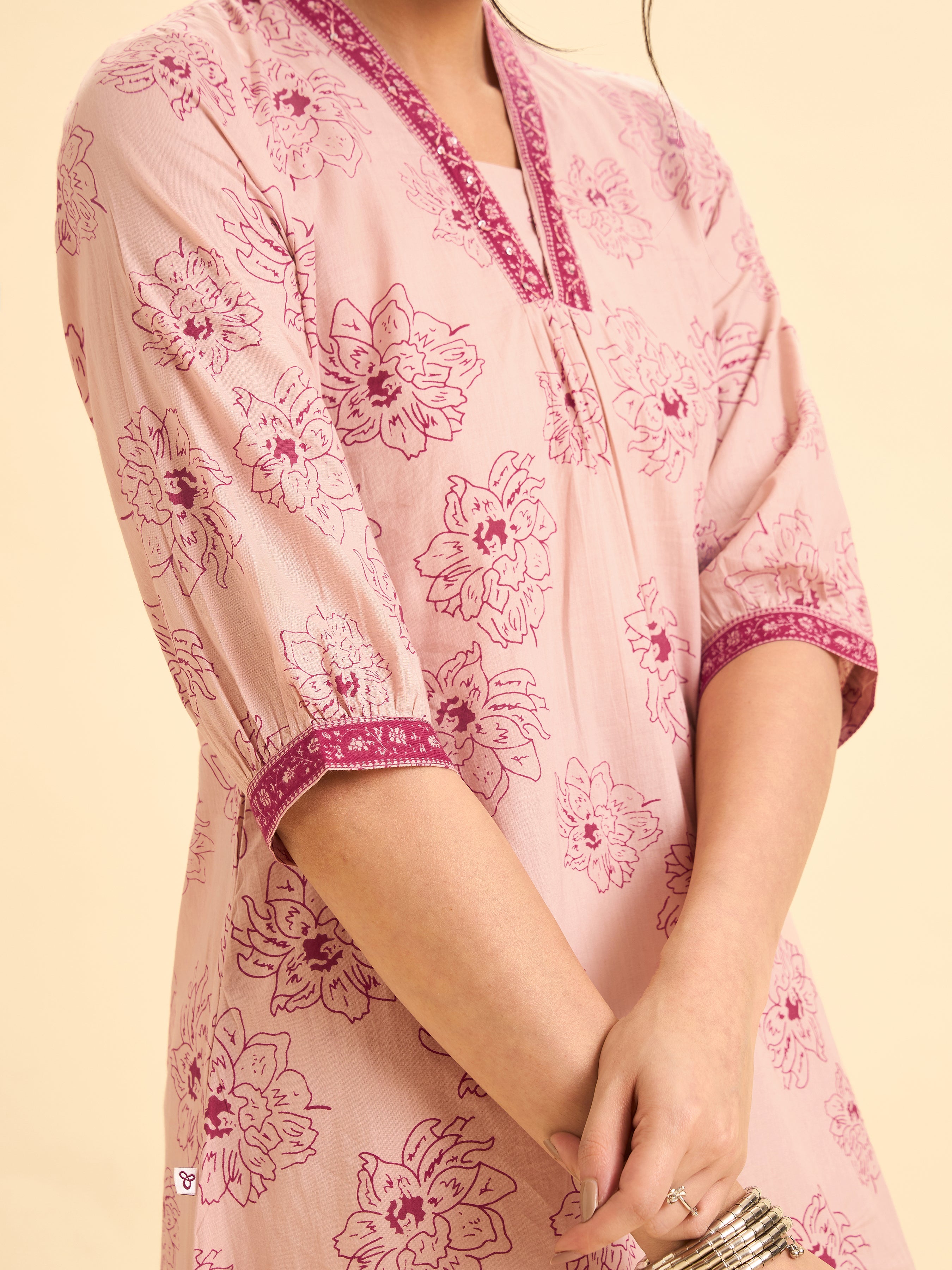 Blush Pink Pure Cotton Printe Kurti With Embroidery And Sequins Work