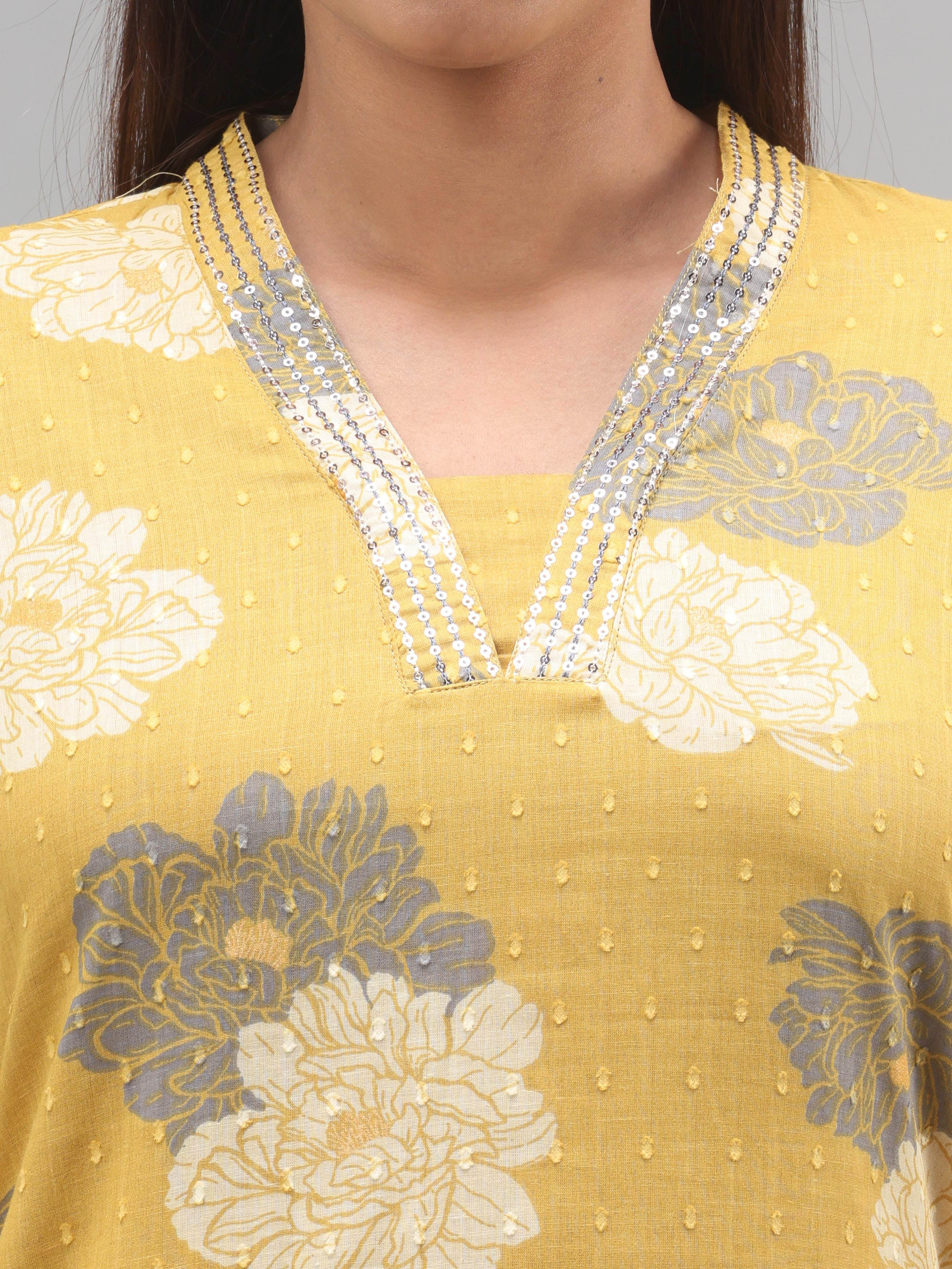 Mustard Colour Cotton Dobby Printed Kurti With Sequins Work