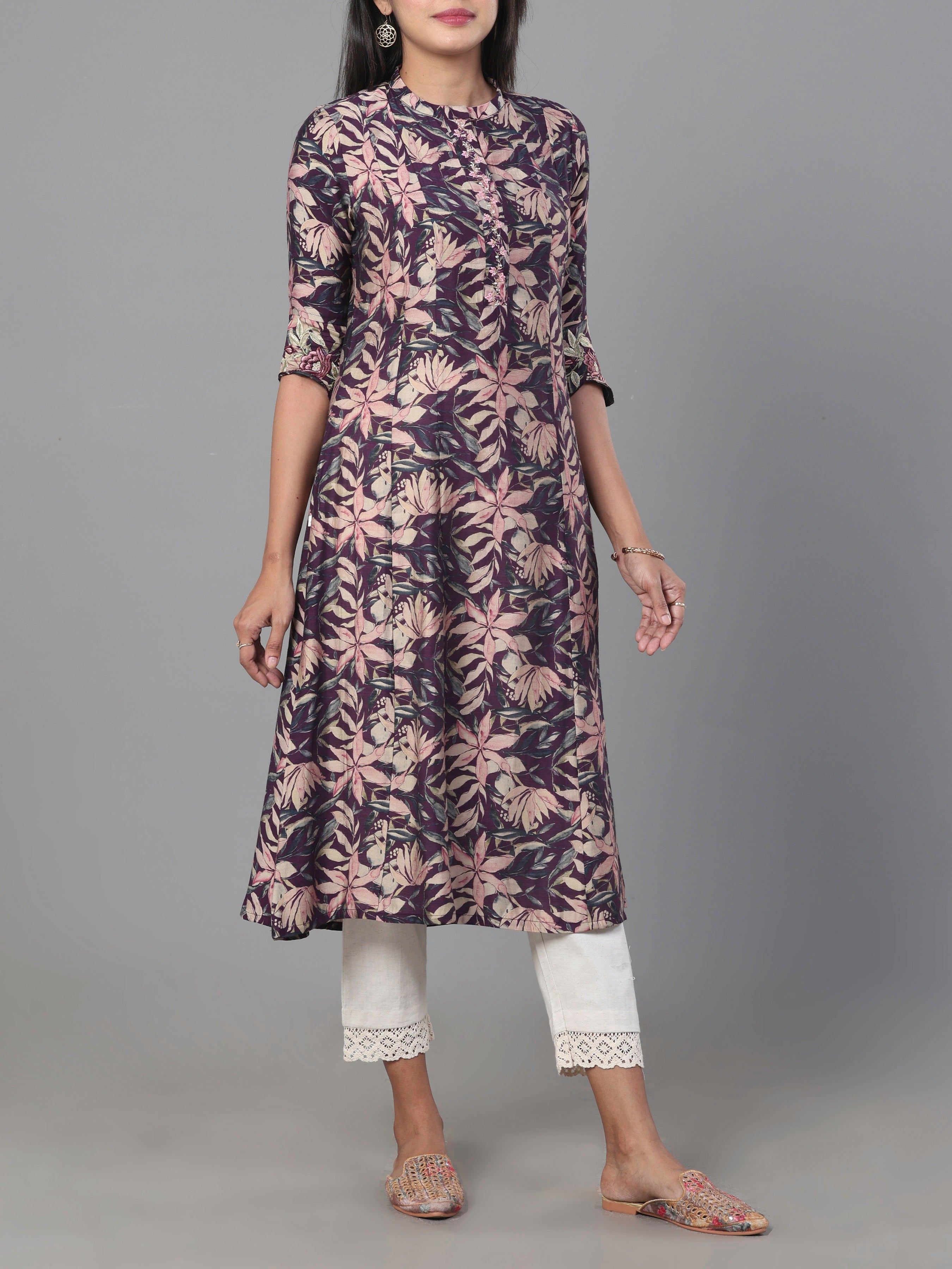 Multi Colour Modal Chanderi Printed Kurti With Embroidery